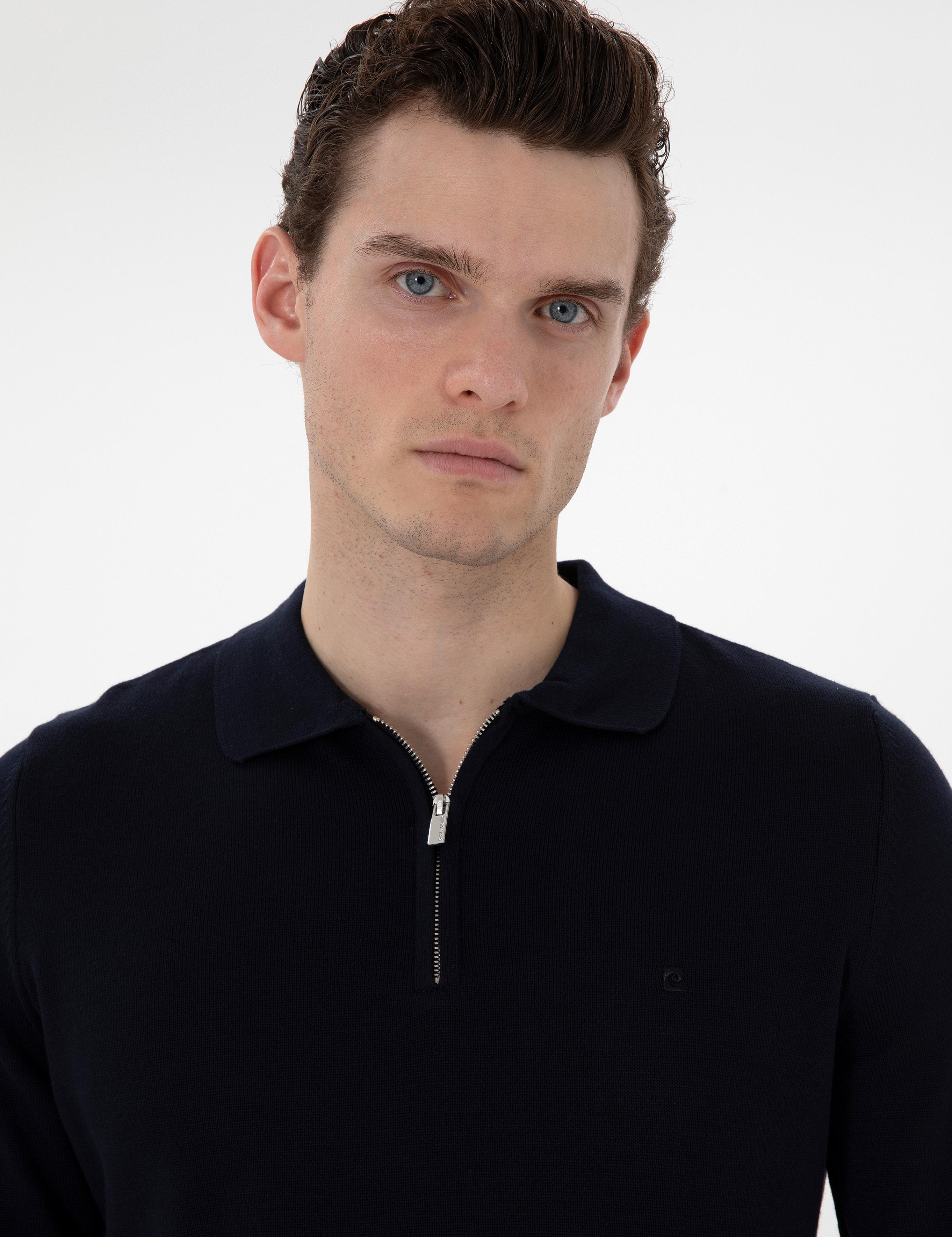 Lacivert Slim Fit Fermuarlı Polo Yaka Basic Triko Kazak