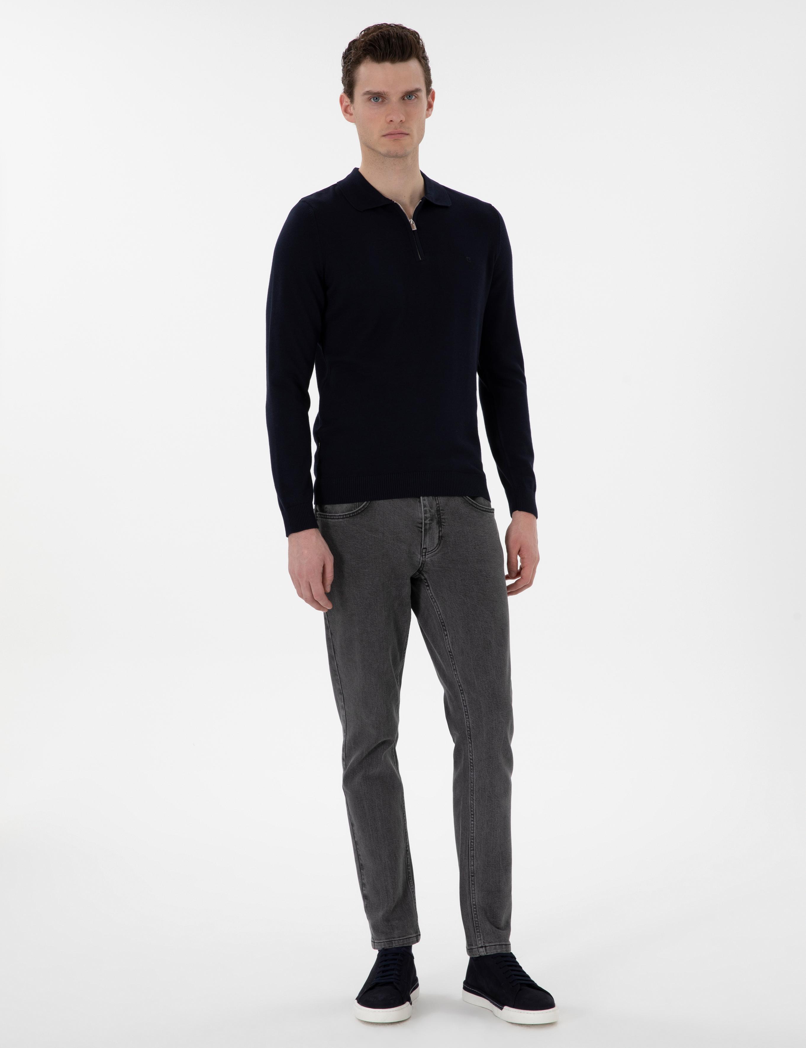 Lacivert Slim Fit Fermuarlı Polo Yaka Basic Triko Kazak
