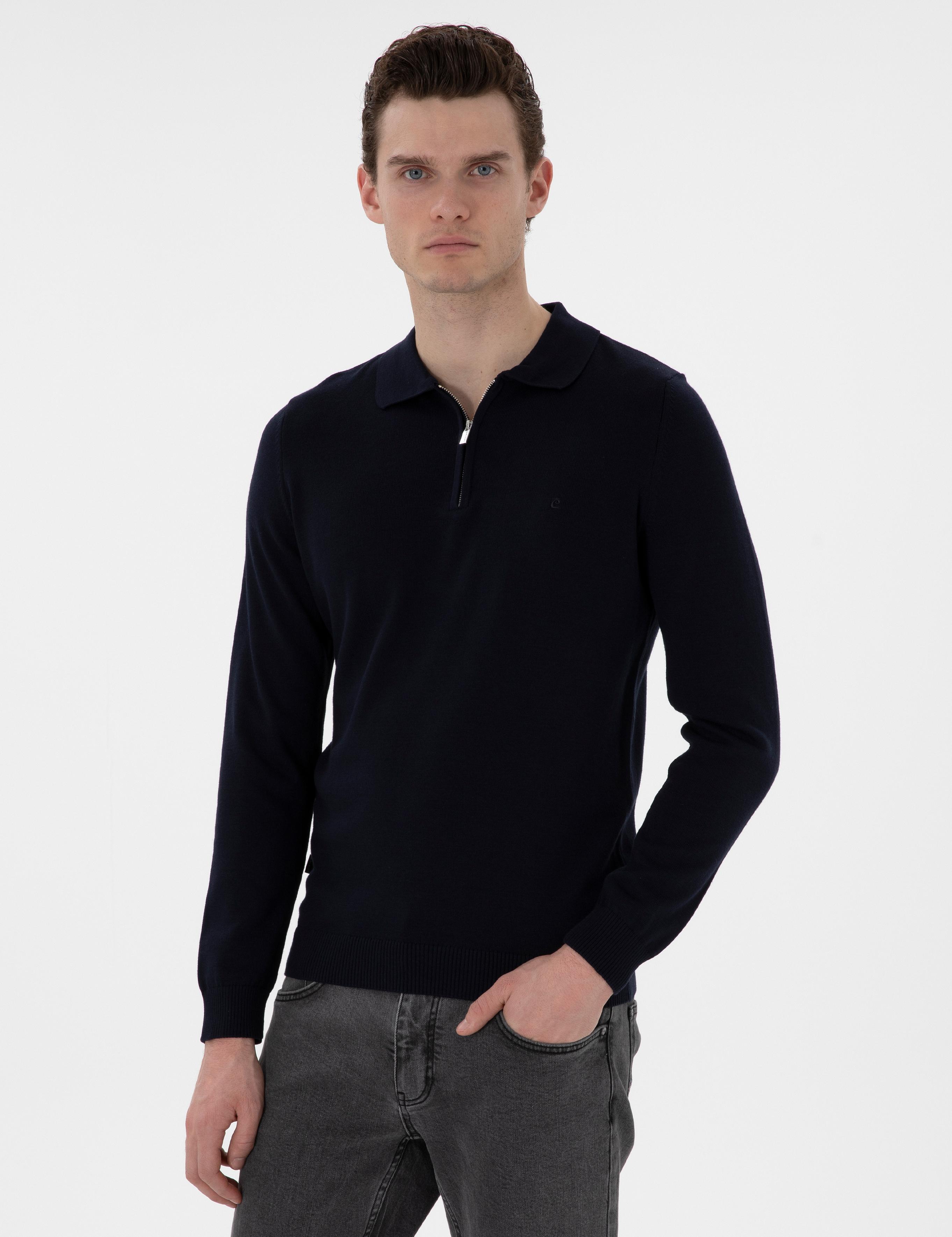 Lacivert Slim Fit Fermuarlı Polo Yaka Basic Triko Kazak