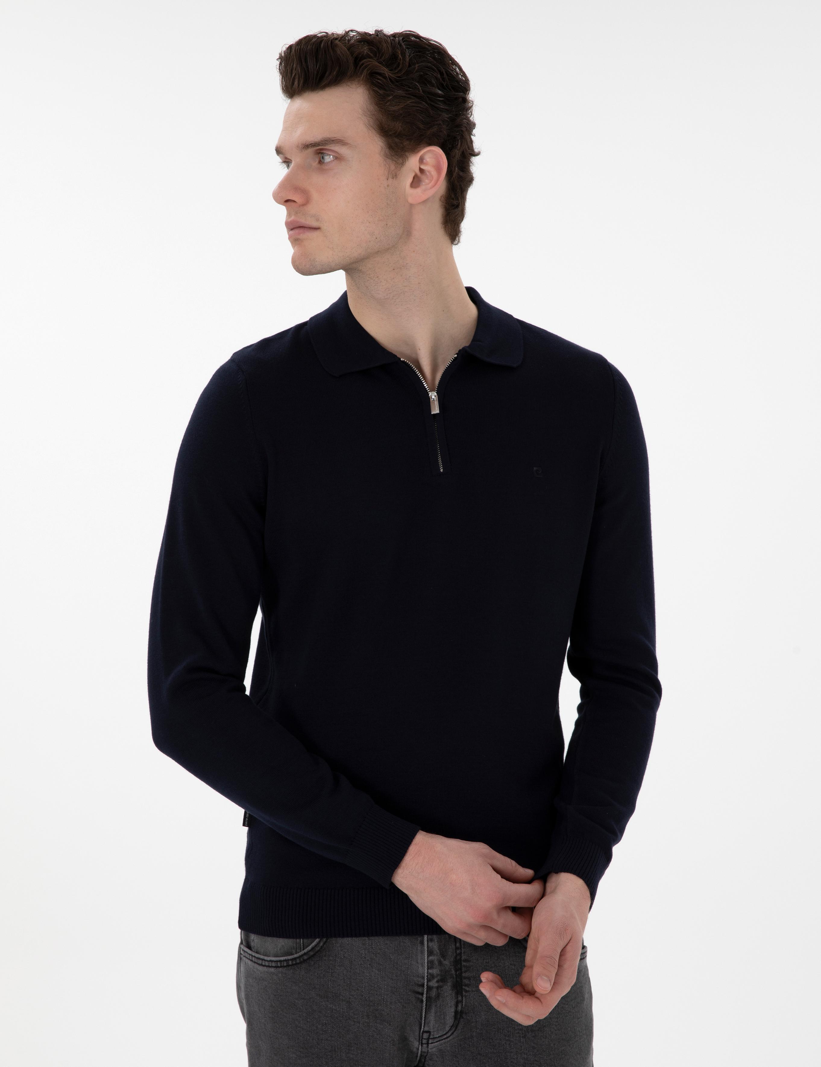 Lacivert Slim Fit Fermuarlı Polo Yaka Basic Triko Kazak