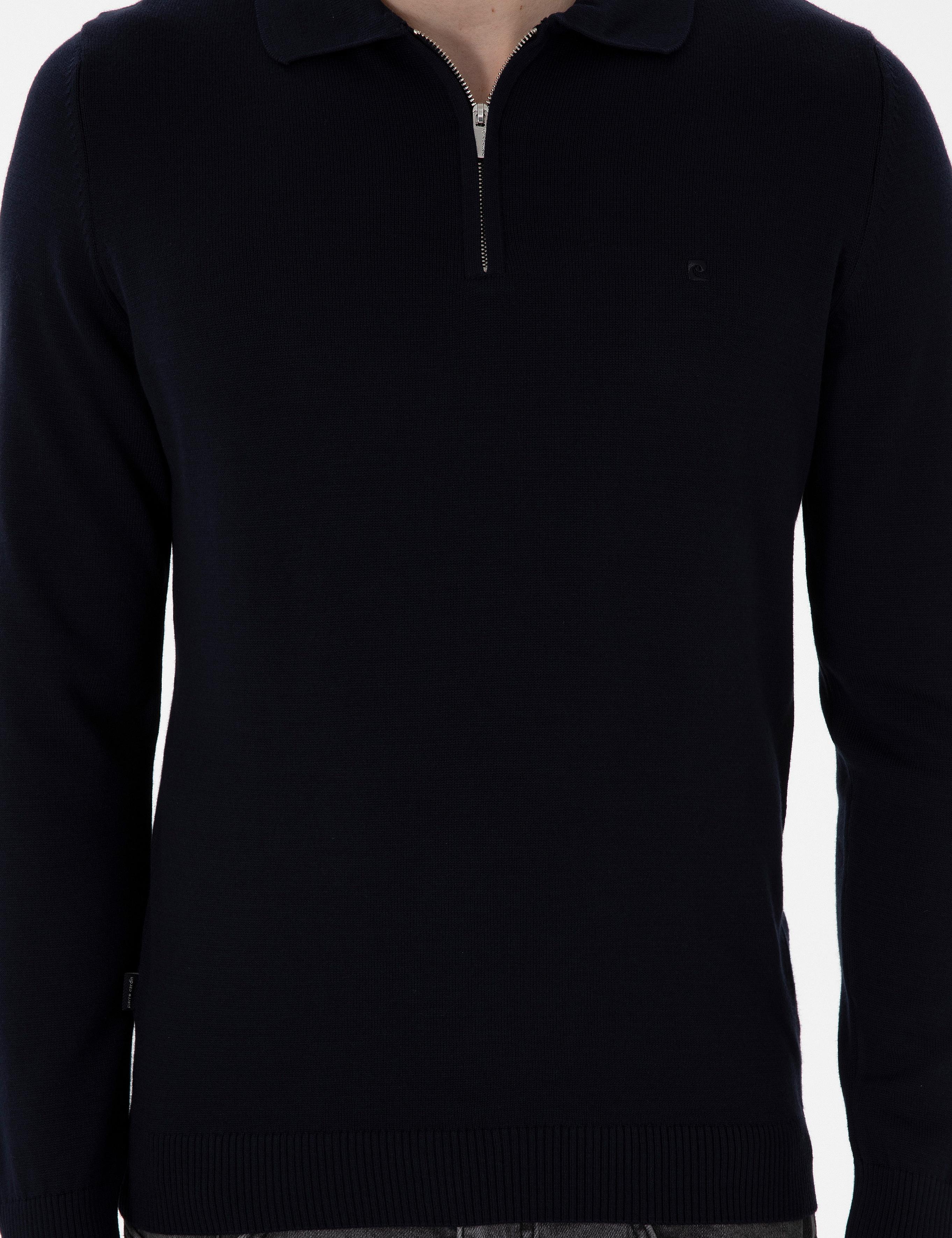 Lacivert Slim Fit Fermuarlı Polo Yaka Basic Triko Kazak