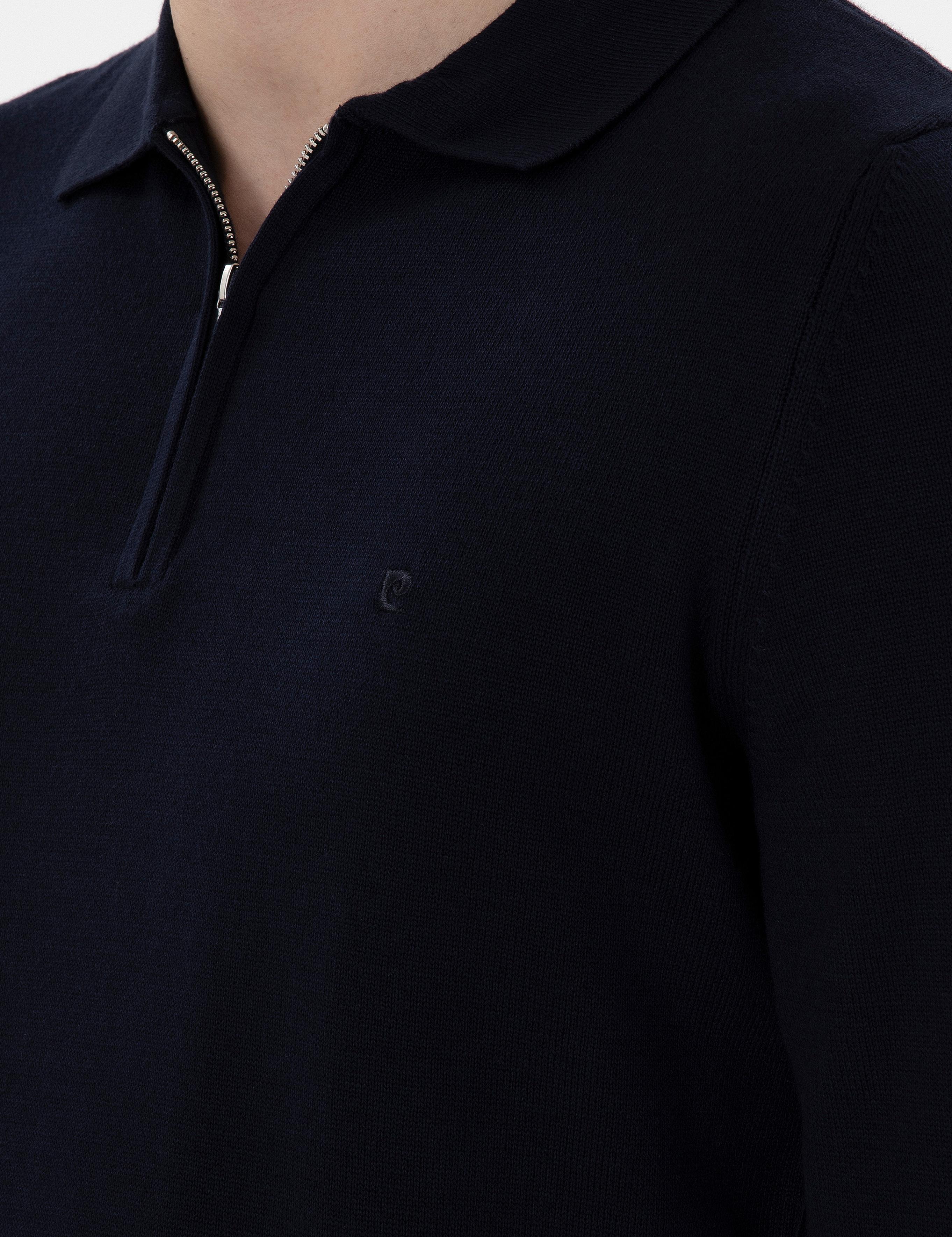 Lacivert Slim Fit Fermuarlı Polo Yaka Basic Triko Kazak