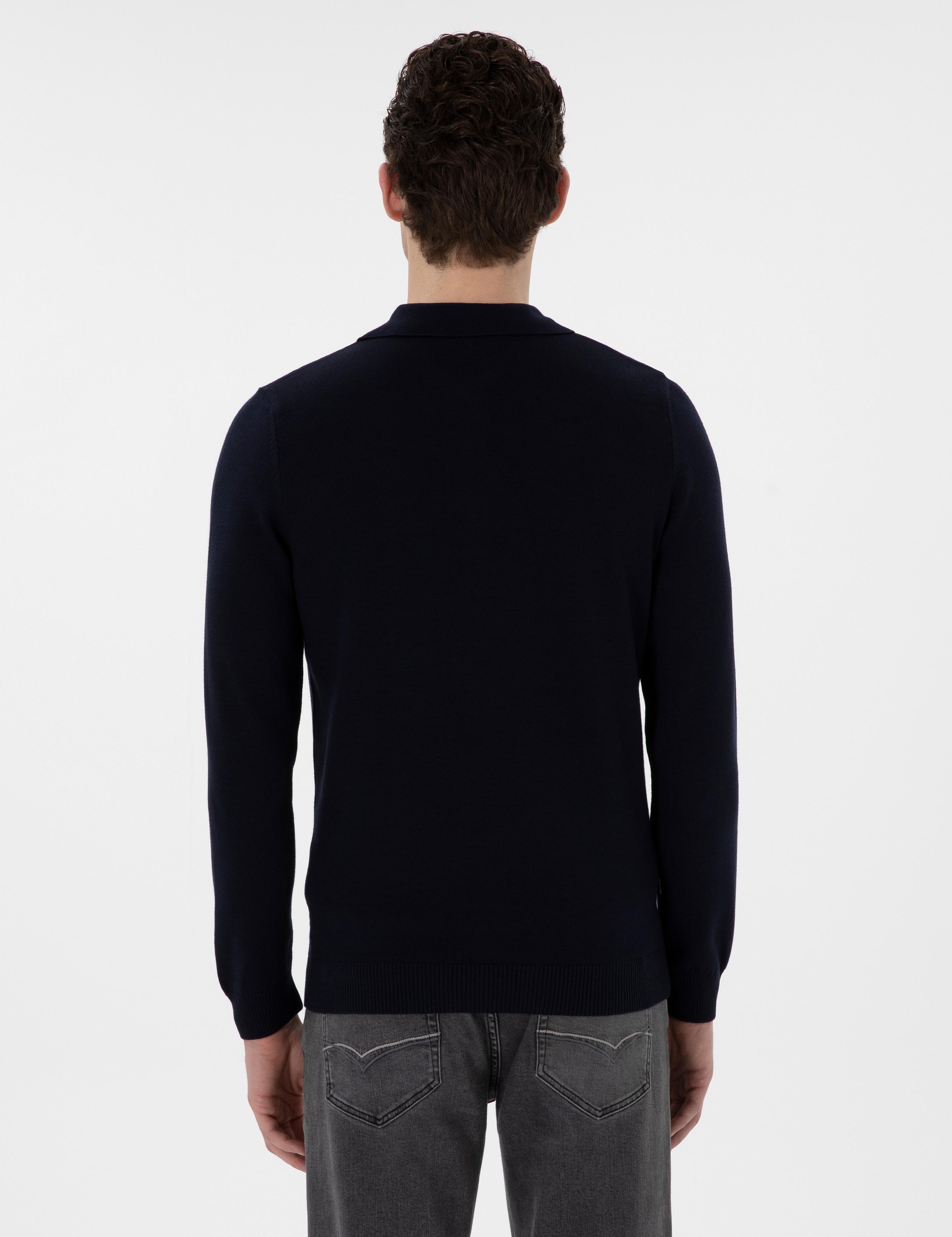 Lacivert Slim Fit Fermuarlı Polo Yaka Basic Triko Kazak