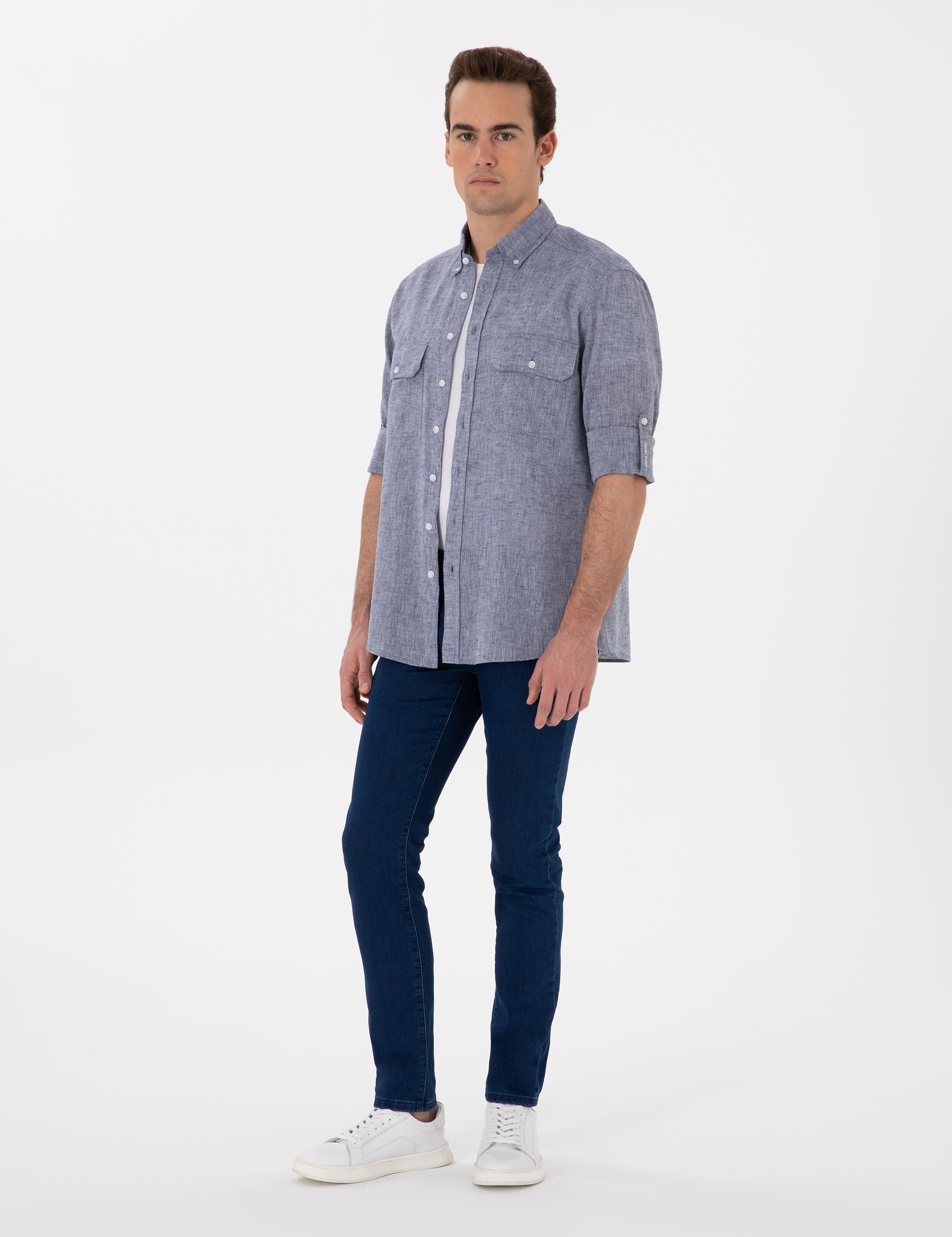 Lacivert Keten Karışımlı Regular Fit Uzun Kollu Gömlek