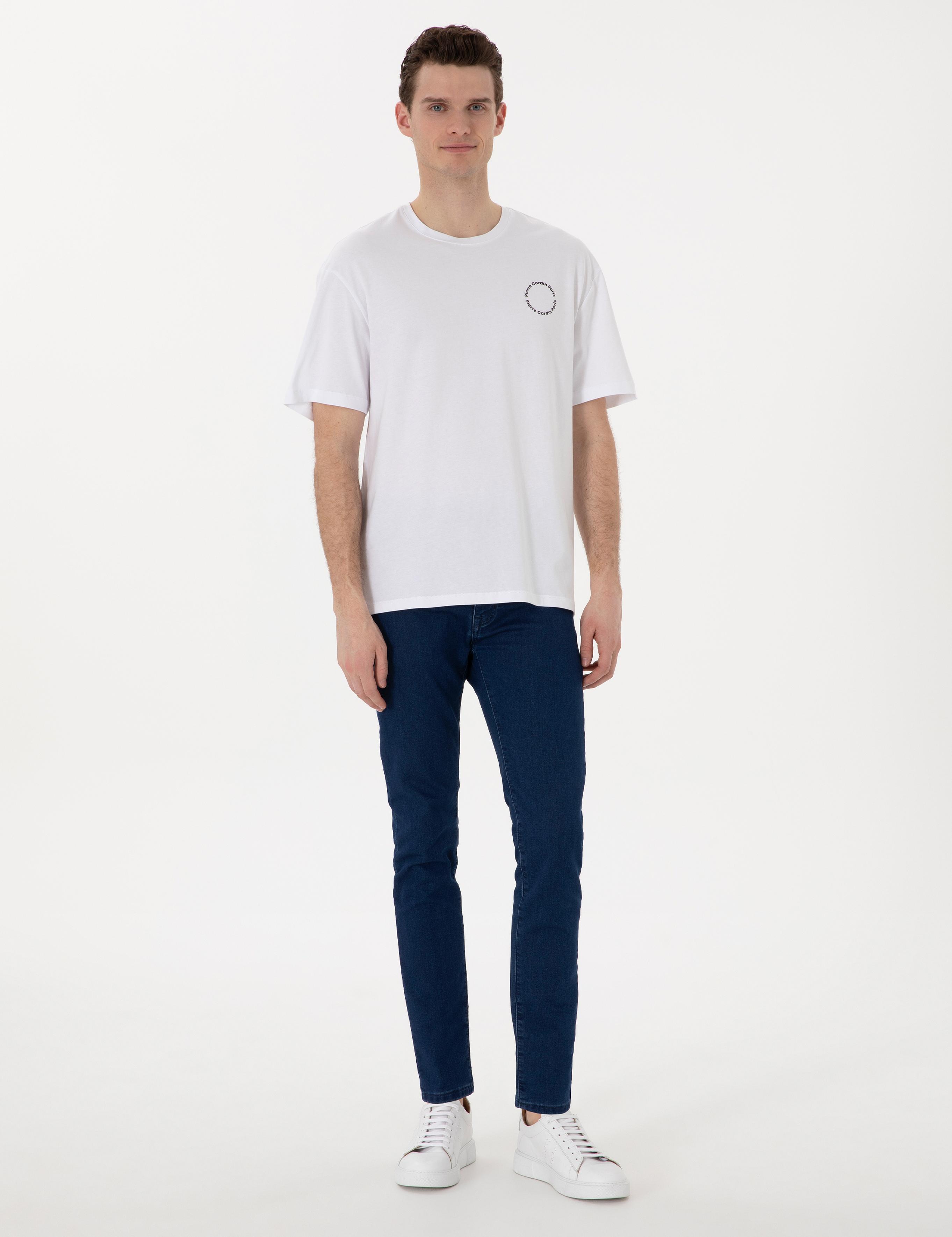 Beyaz Comfort Fit Bisiklet Yaka Tişört