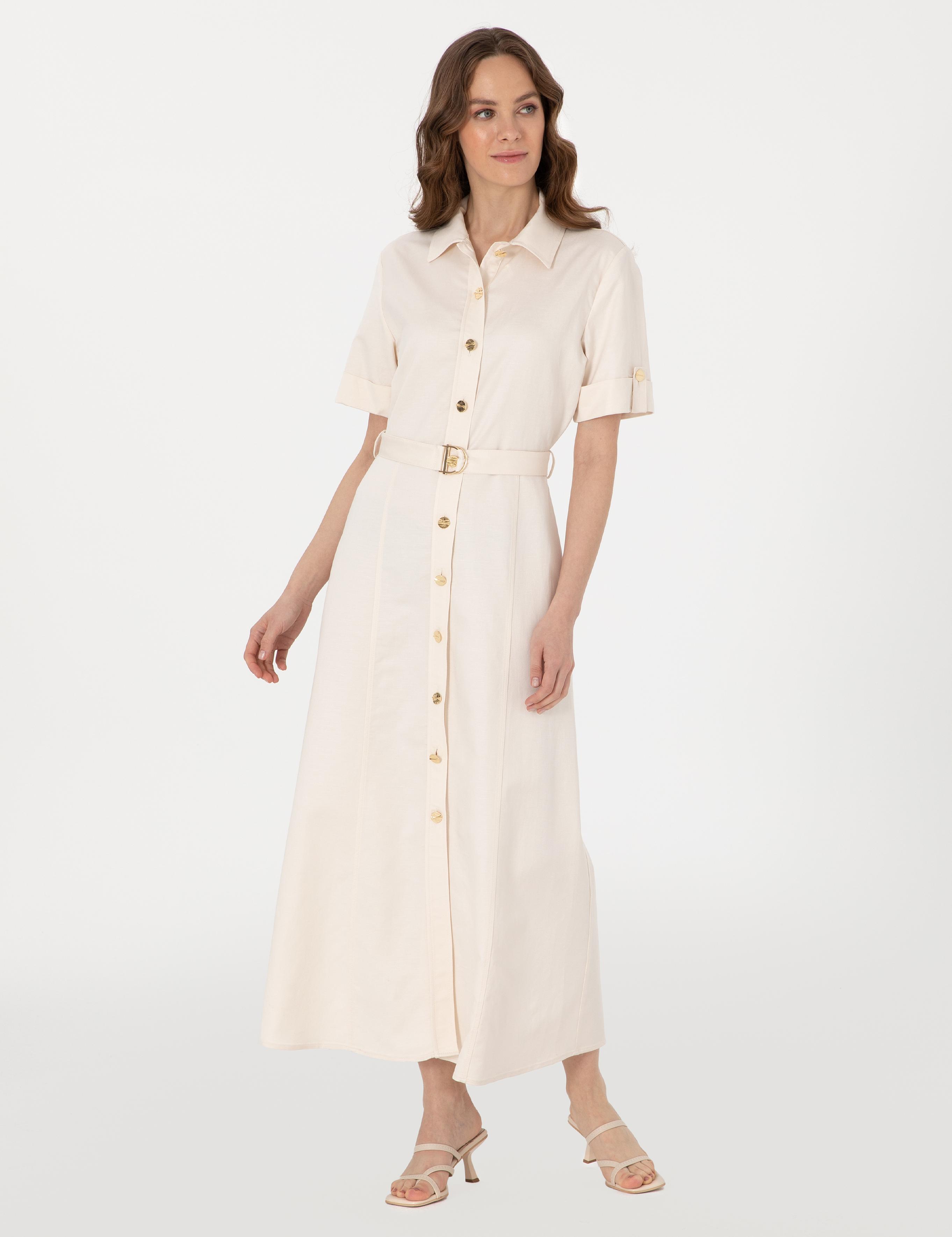 Ekru Regular Fit Dokuma Elbise