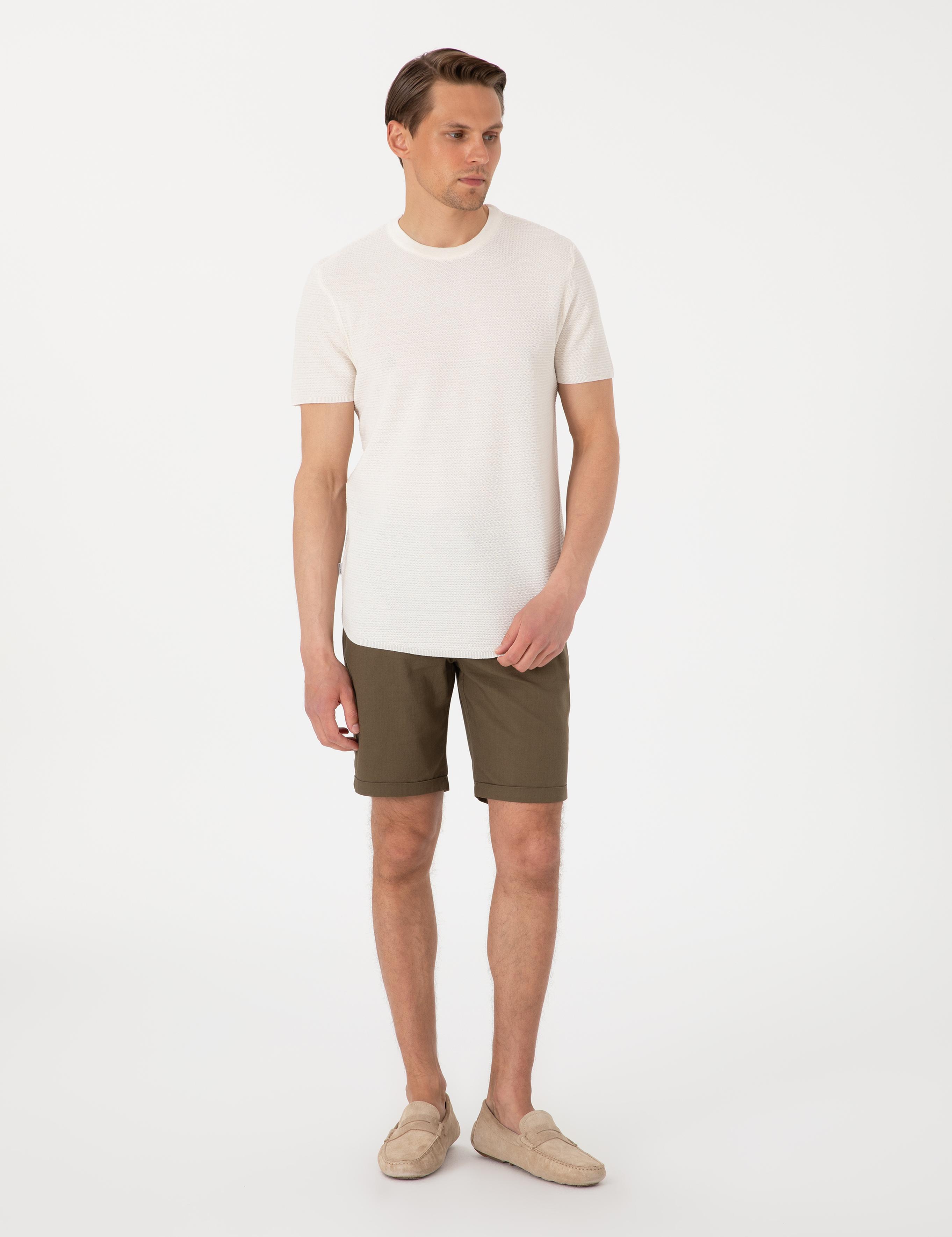 Haki Slim Fit Beli Lastikli Bağcıklı Dokuma Şort