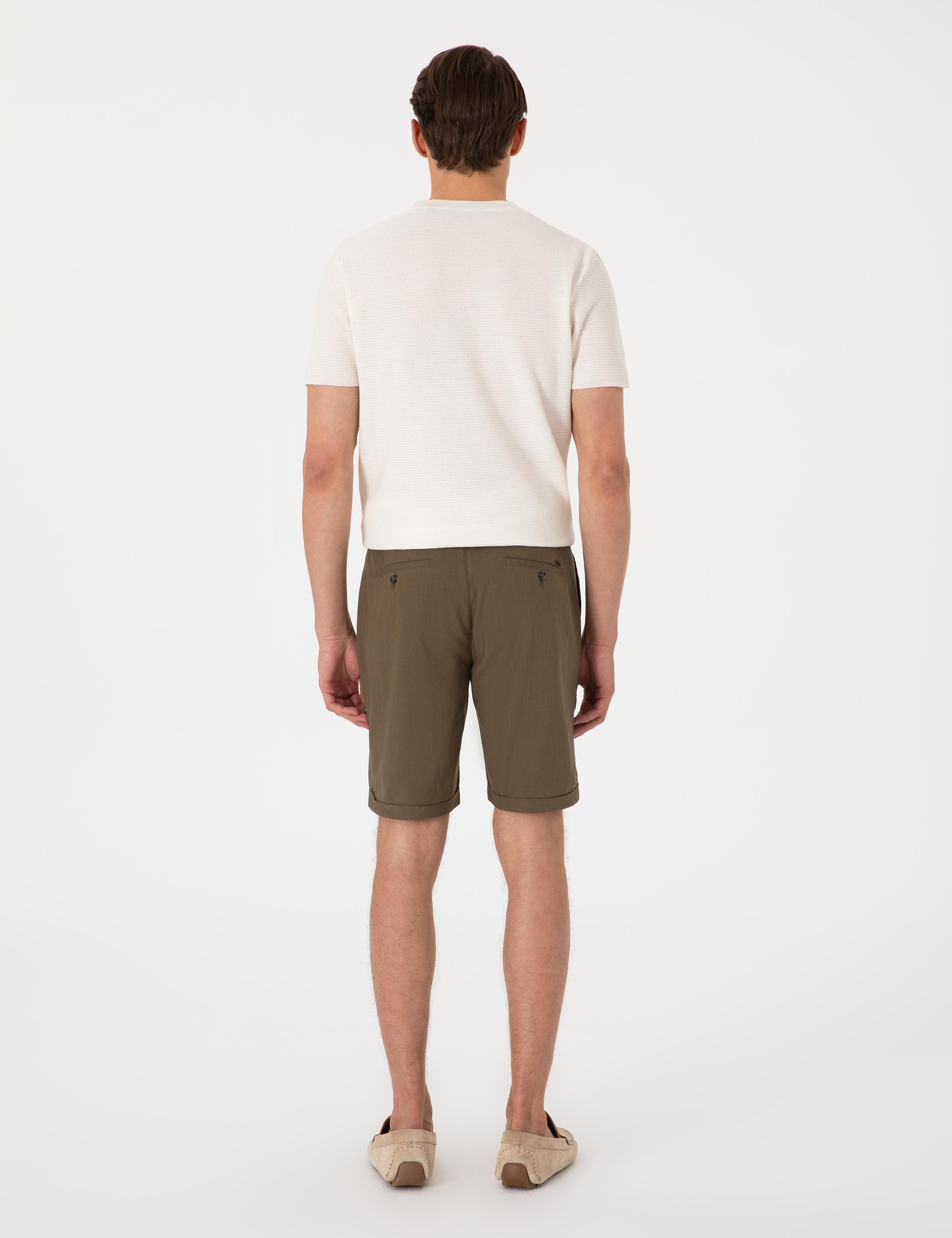 Haki Slim Fit Beli Lastikli Bağcıklı Dokuma Şort