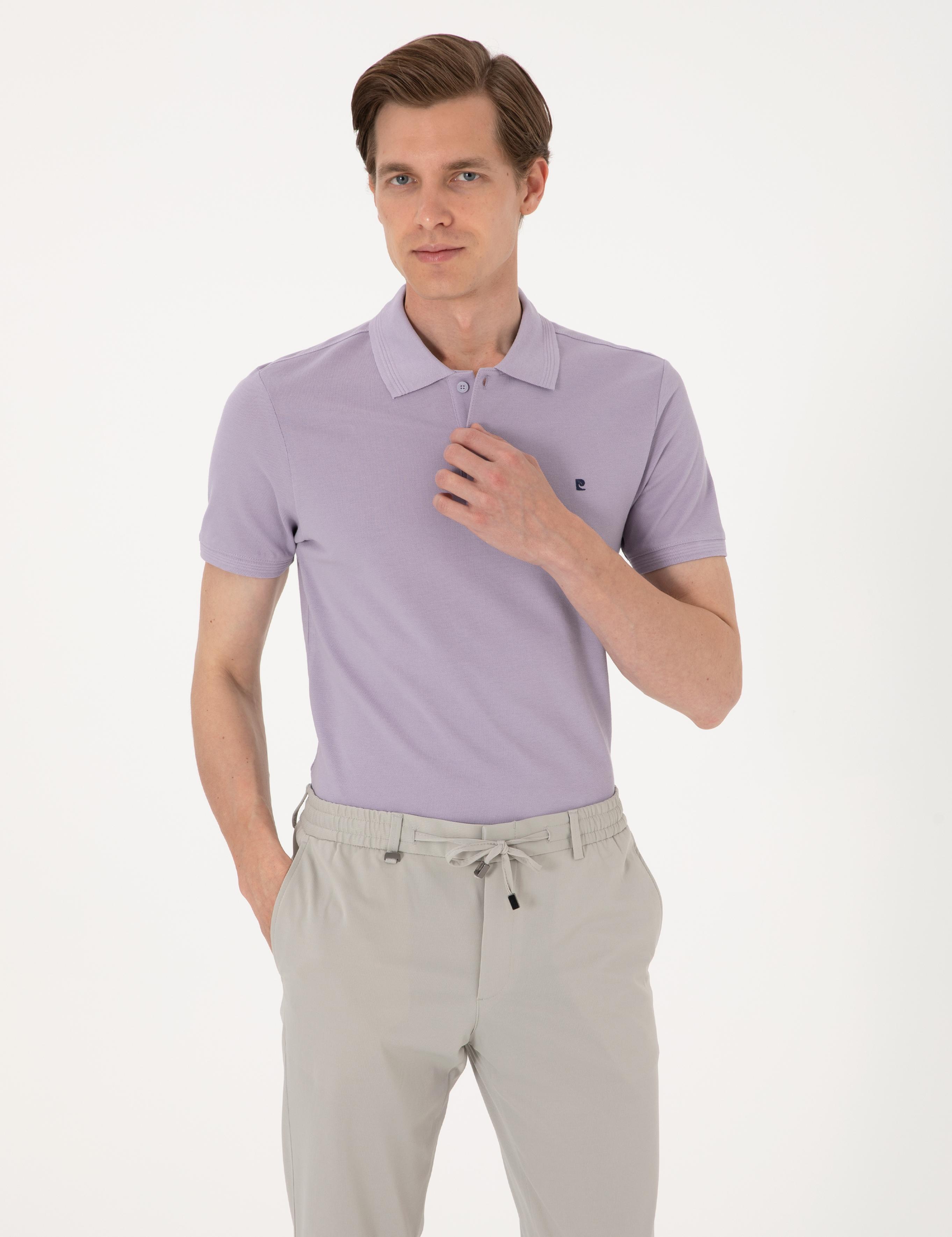 Lila Slim Fit %100 Pamuk Polo Yaka Basic Tişört
