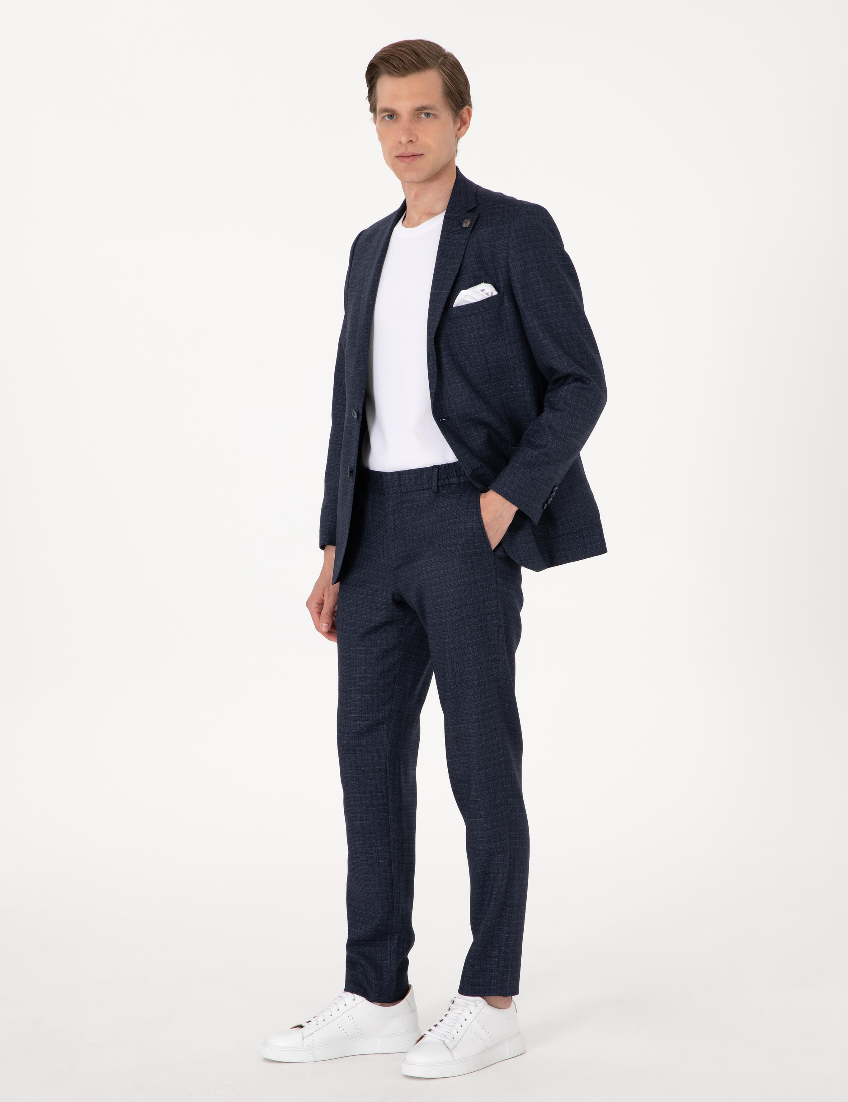 Lacivert Ex. Slim Fit Yün Karışımlı Ekose Takım Elbise