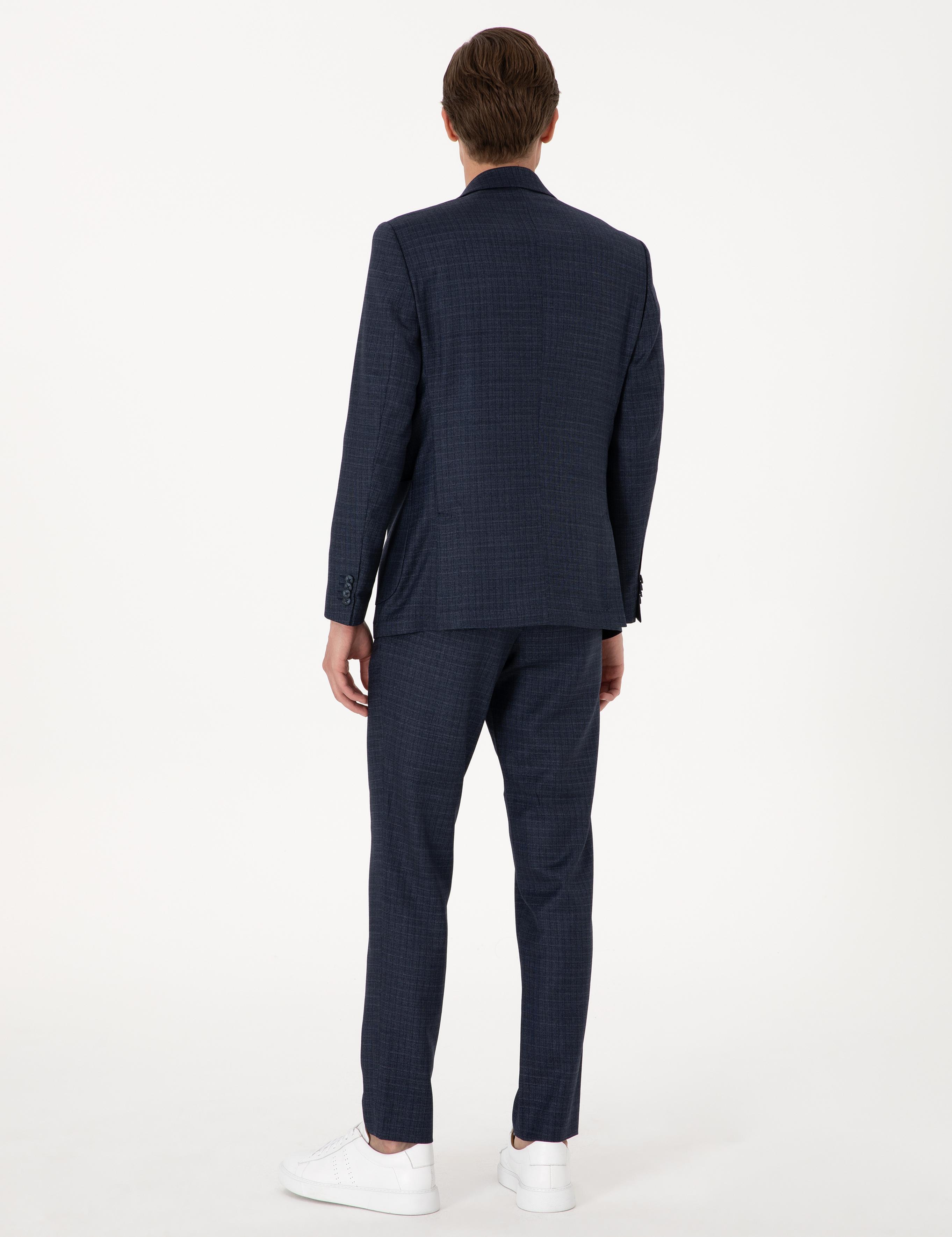 Lacivert Ex. Slim Fit Yün Karışımlı Ekose Takım Elbise