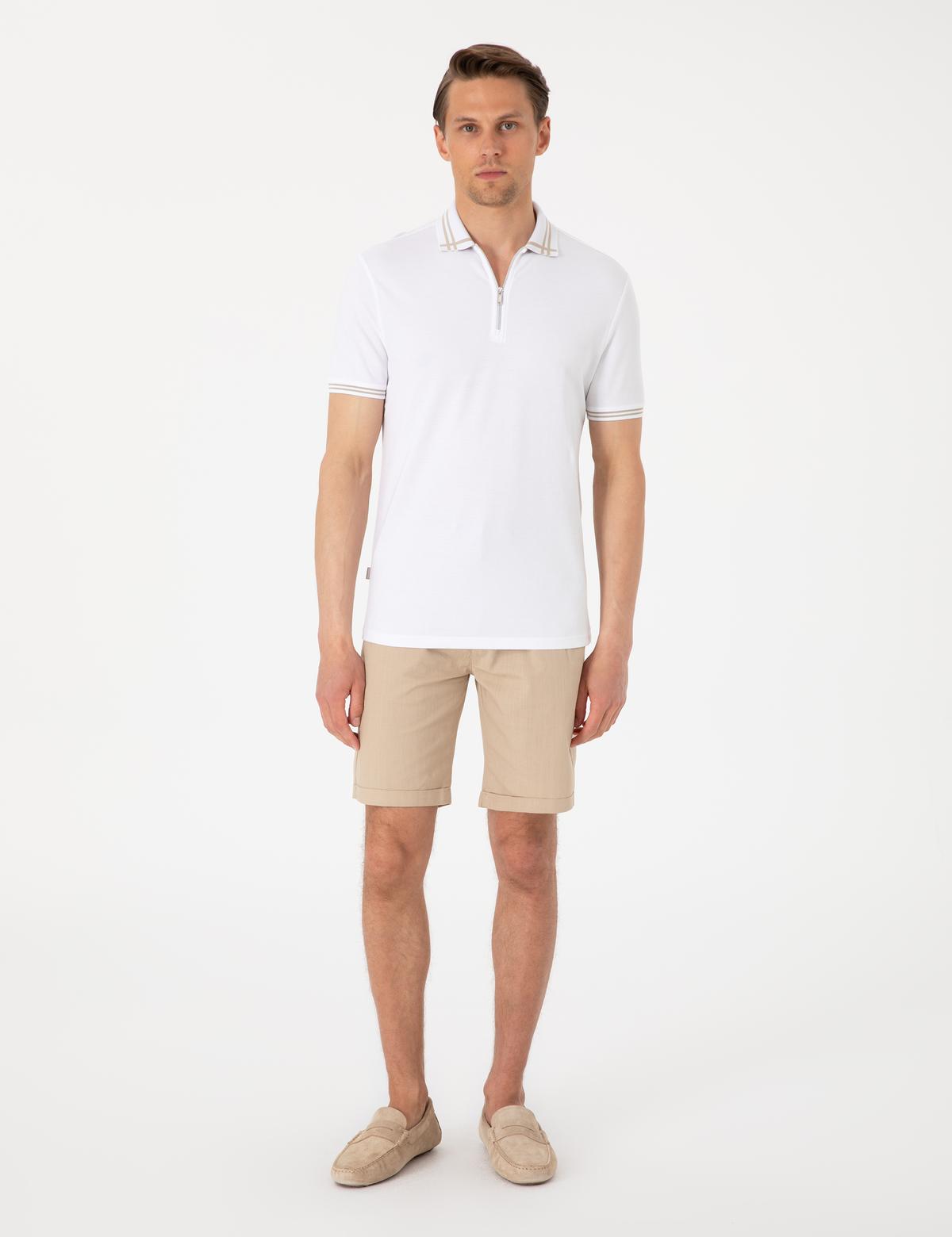 Bej Slim Fit Beli Lastikli Bağcıklı Dokuma Şort