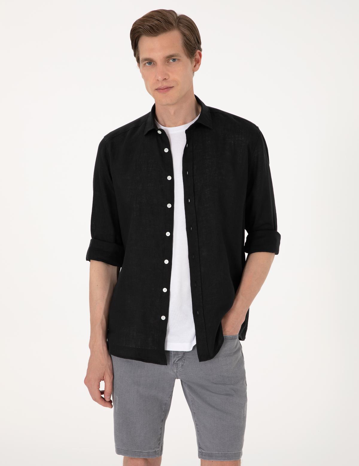Siyah %100 Keten Regular Fit Uzunkollu Gömlek
