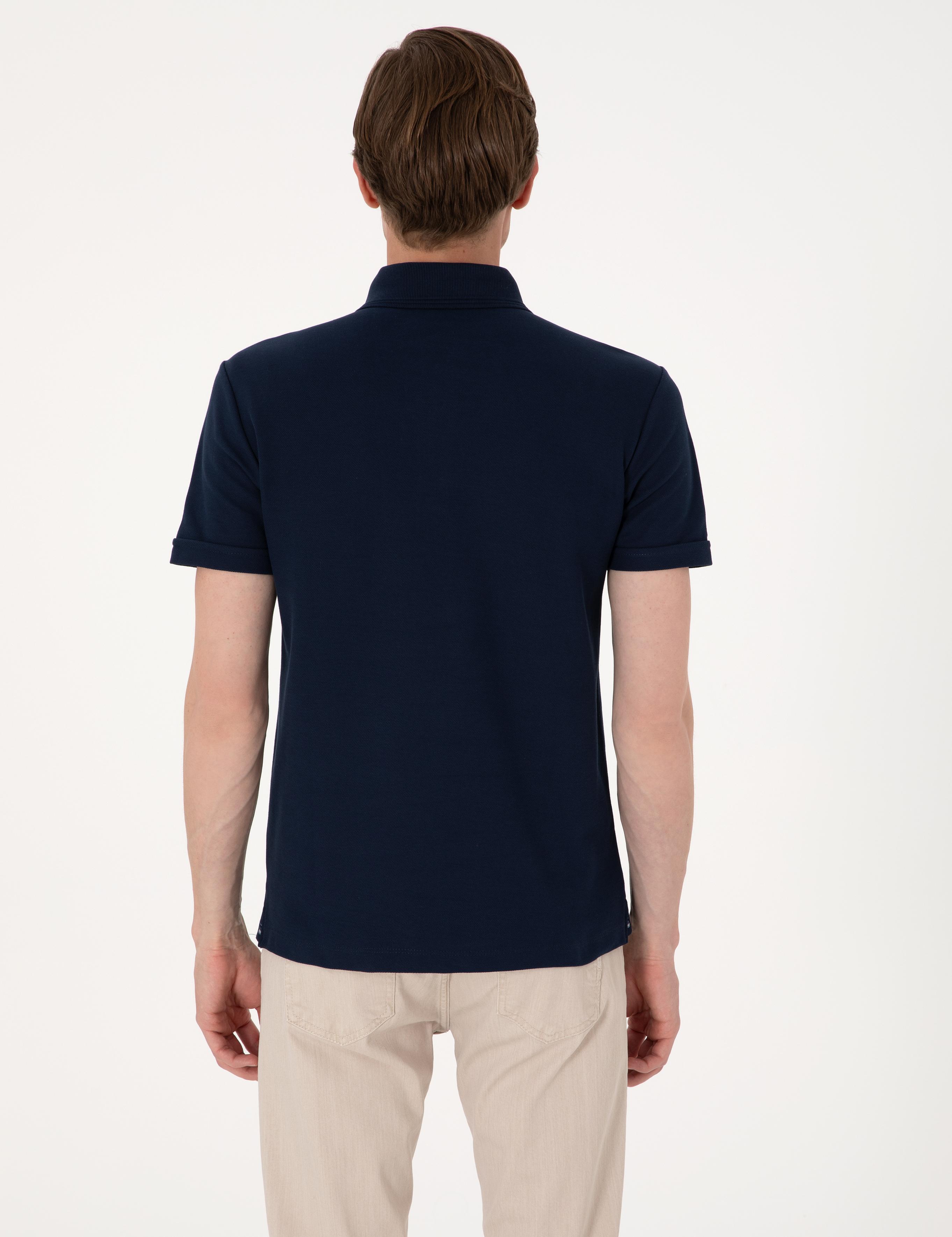 Lacivert Slim Fit %100 Pamuk Kıvrılmaz Amerikan Pike Polo Yaka Basic Tişört