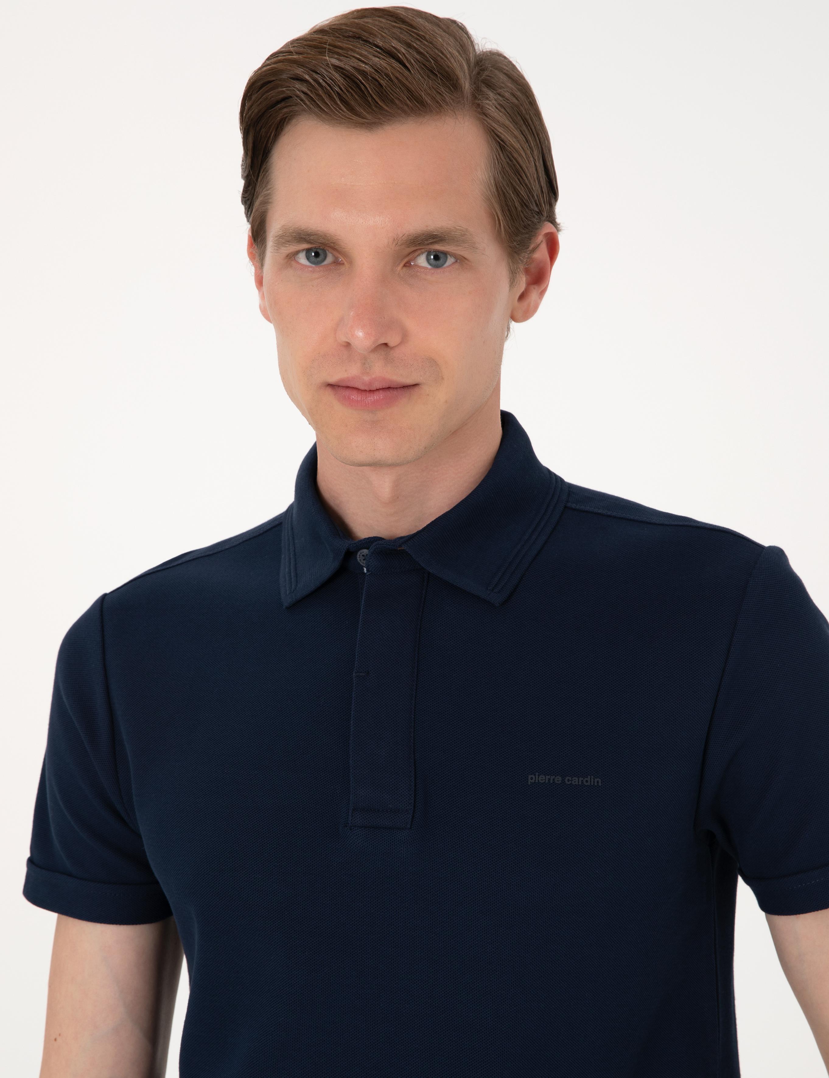 Lacivert Slim Fit %100 Pamuk Kıvrılmaz Amerikan Pike Polo Yaka Basic Tişört
