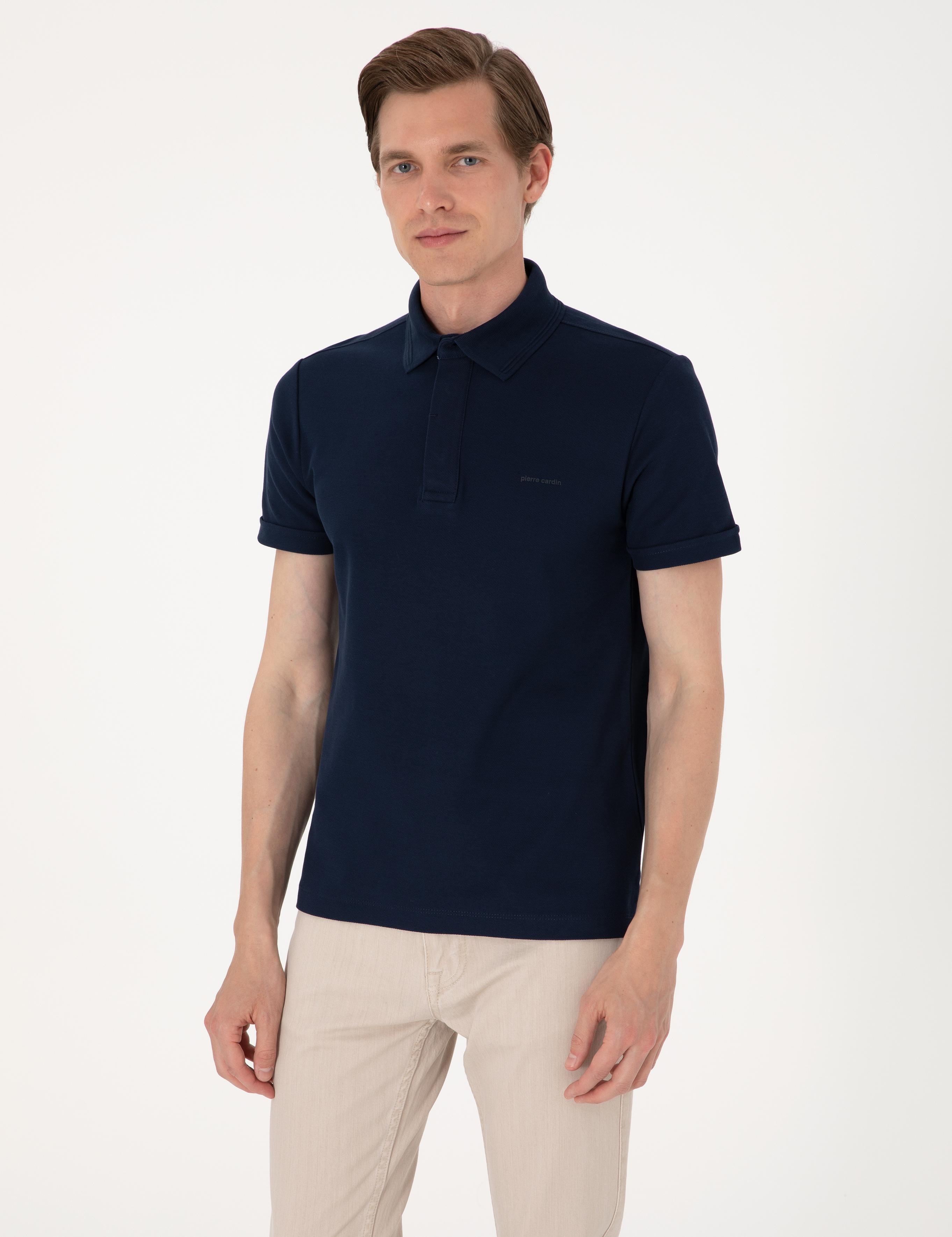 Lacivert Slim Fit %100 Pamuk Kıvrılmaz Amerikan Pike Polo Yaka Basic Tişört