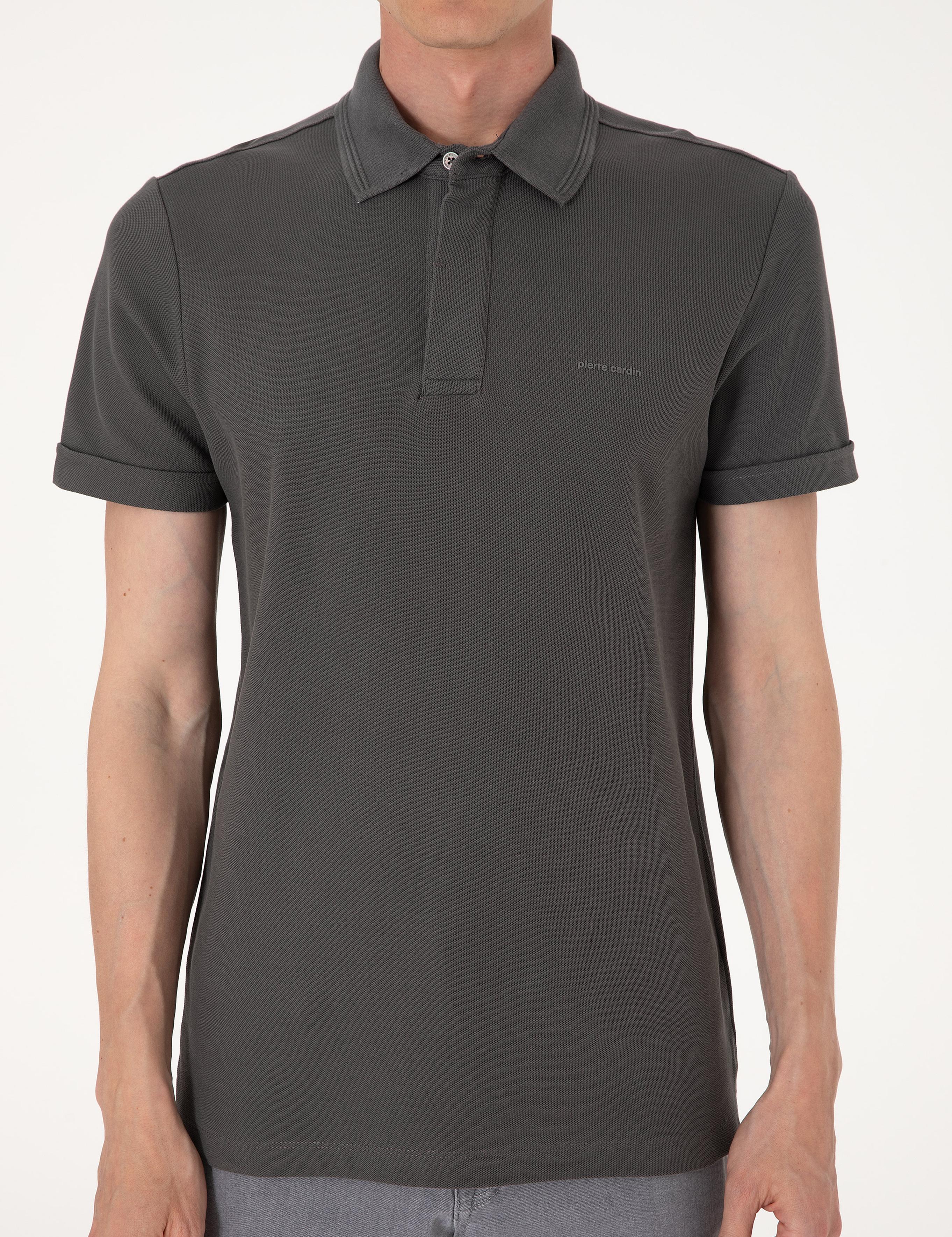 Gri Slim Fit %100 Pamuk Kıvrılmaz Amerikan Pike Polo Yaka Basic Tişört