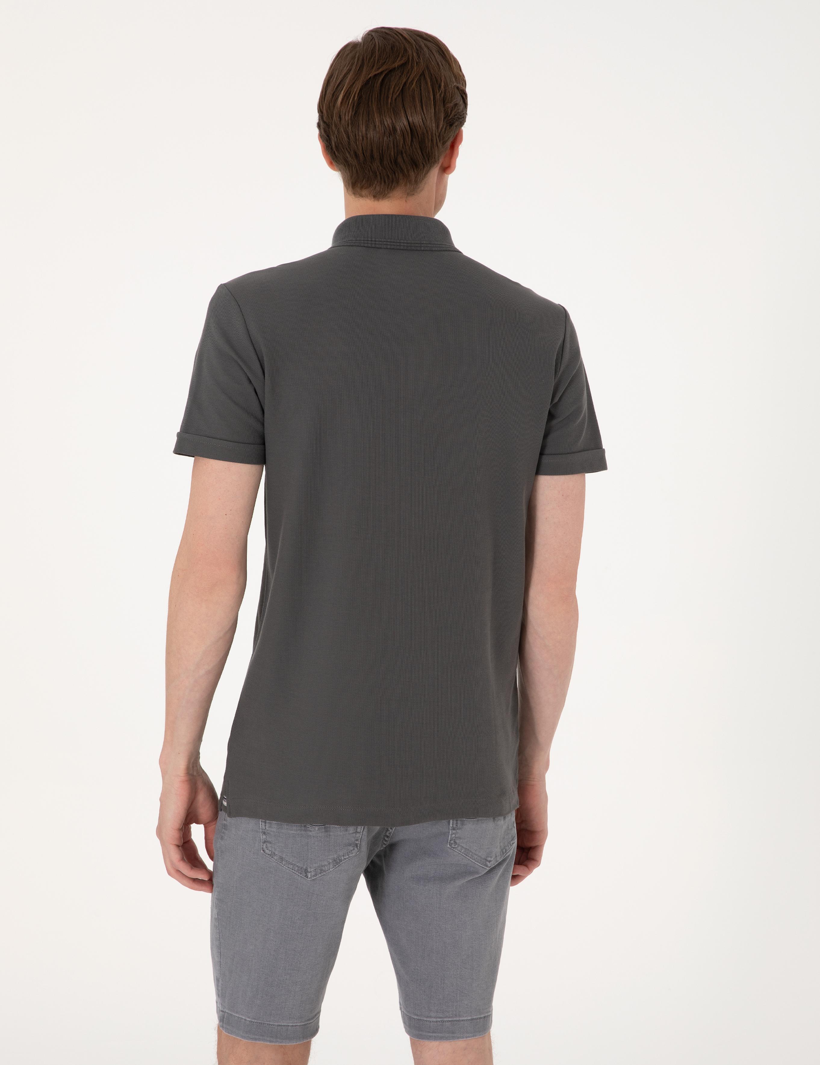 Gri Slim Fit %100 Pamuk Kıvrılmaz Amerikan Pike Polo Yaka Basic Tişört