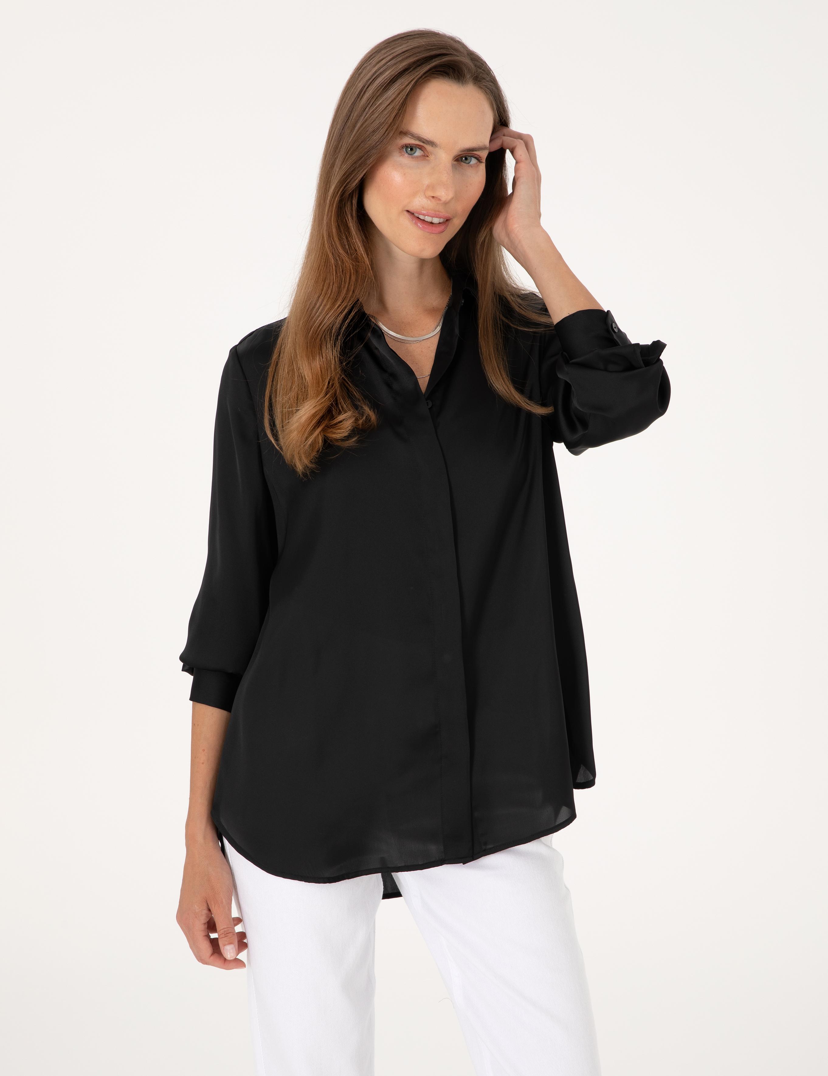 Siyah Comfort Fit Saten Uzun Kollu Gömlek