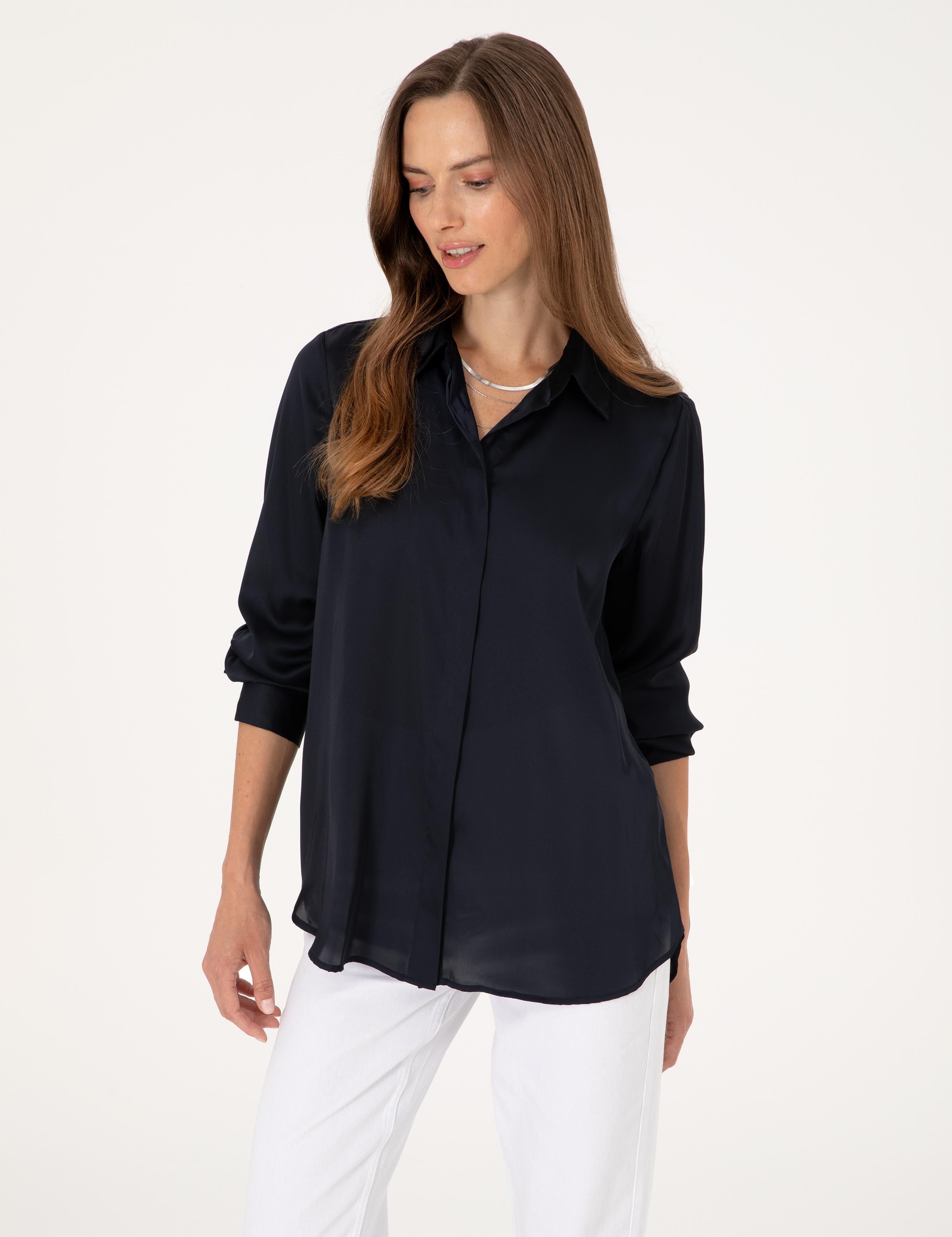 Lacivert Comfort Fit Saten Uzun Kollu Gömlek