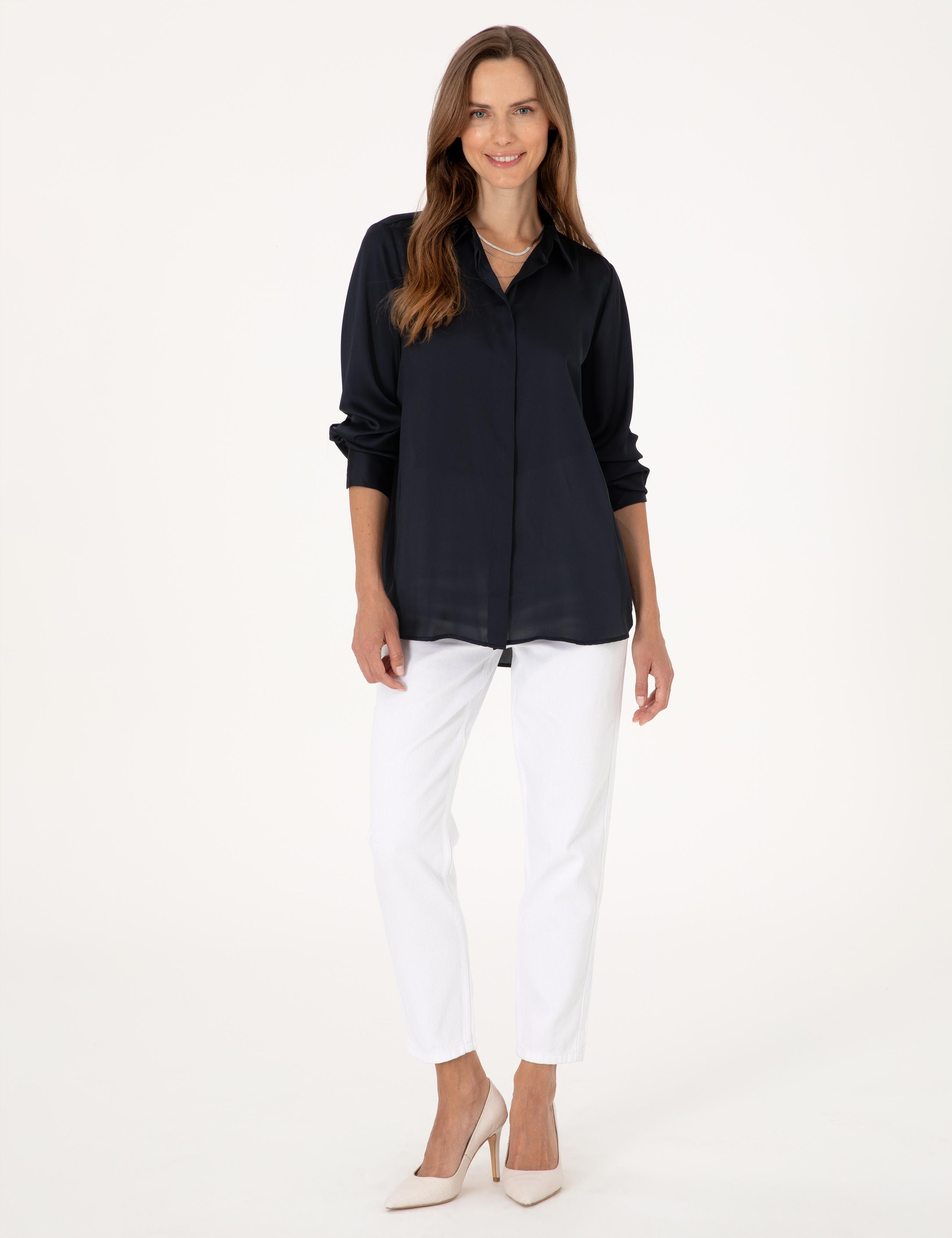 Lacivert Comfort Fit Saten Uzun Kollu Gömlek