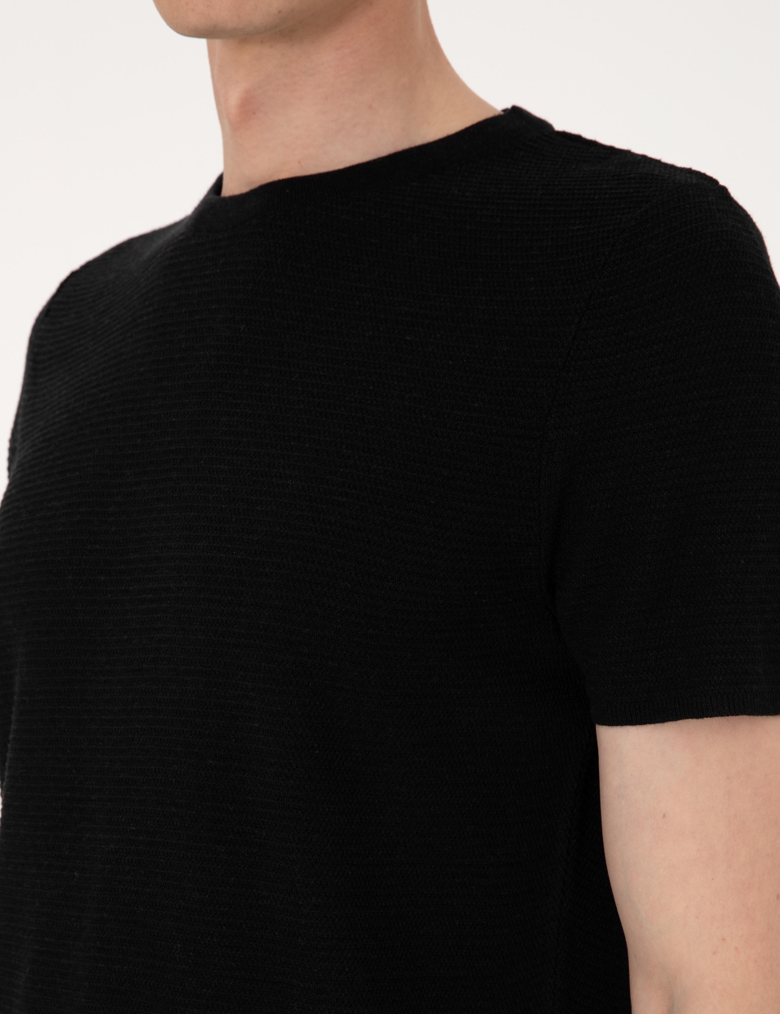 Siyah Slim Fit Keten Karışımlı Bisiklet Yaka Triko Tişört