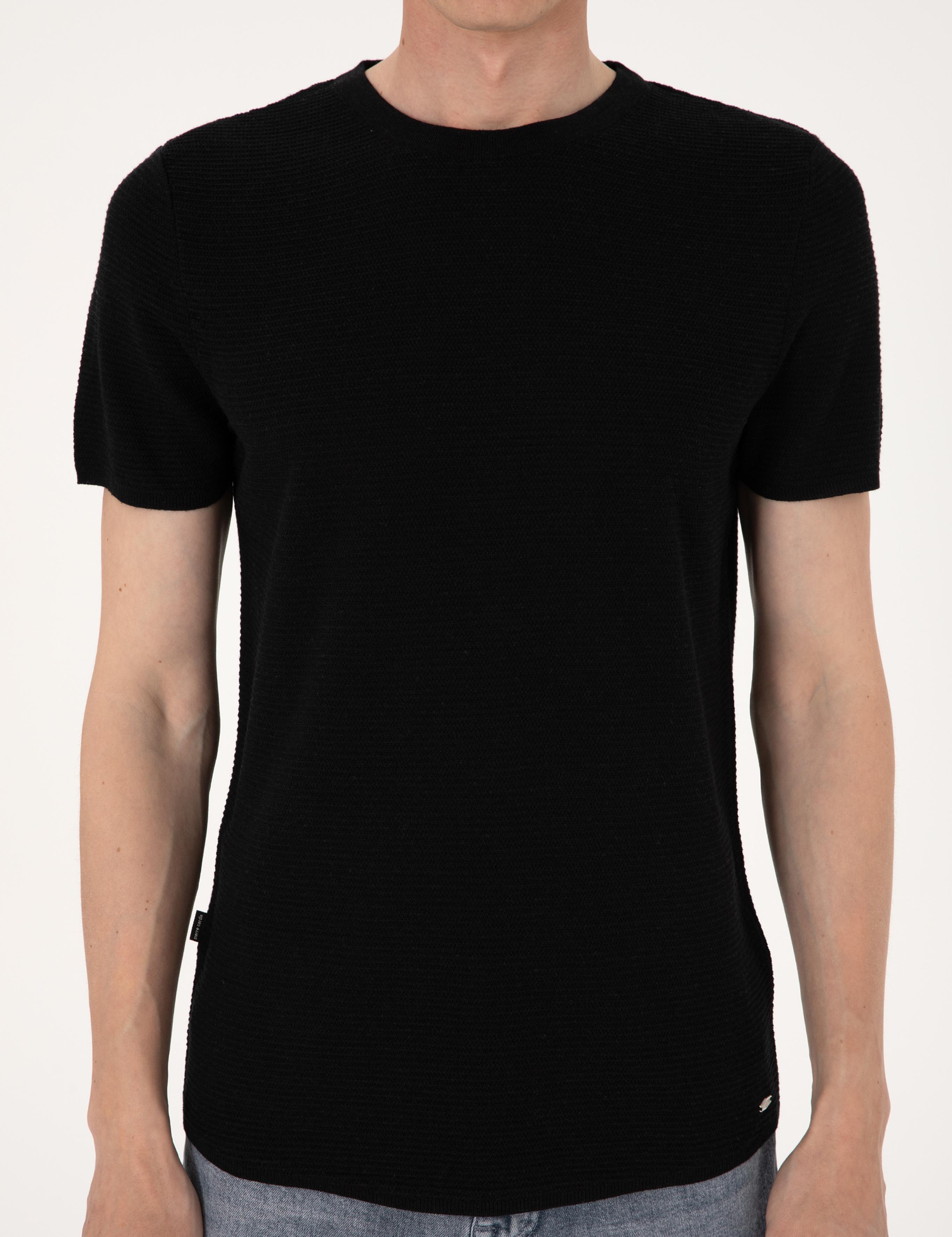 Siyah Slim Fit Keten Karışımlı Bisiklet Yaka Triko Tişört