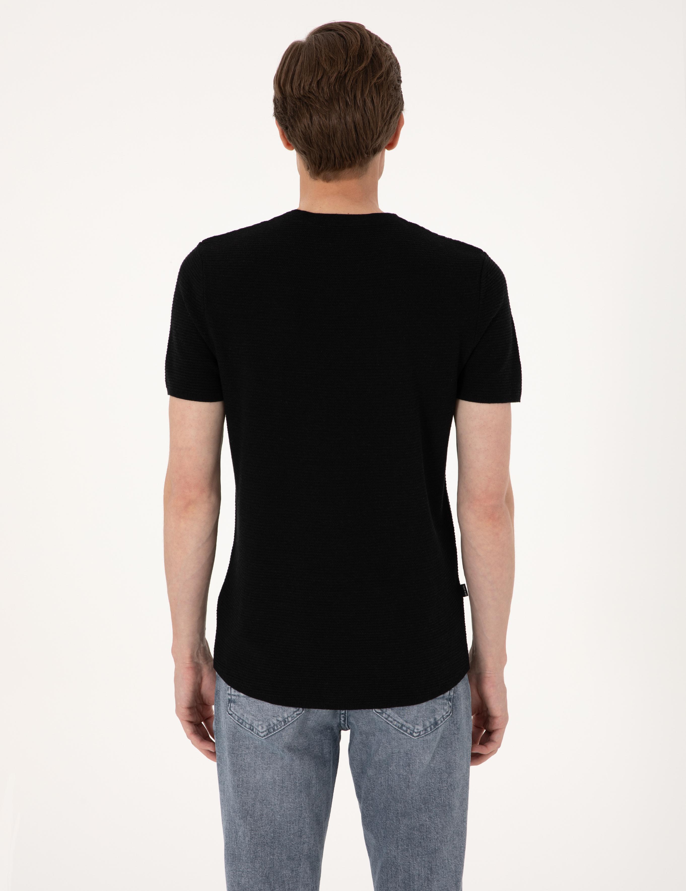 Siyah Slim Fit Keten Karışımlı Bisiklet Yaka Triko Tişört