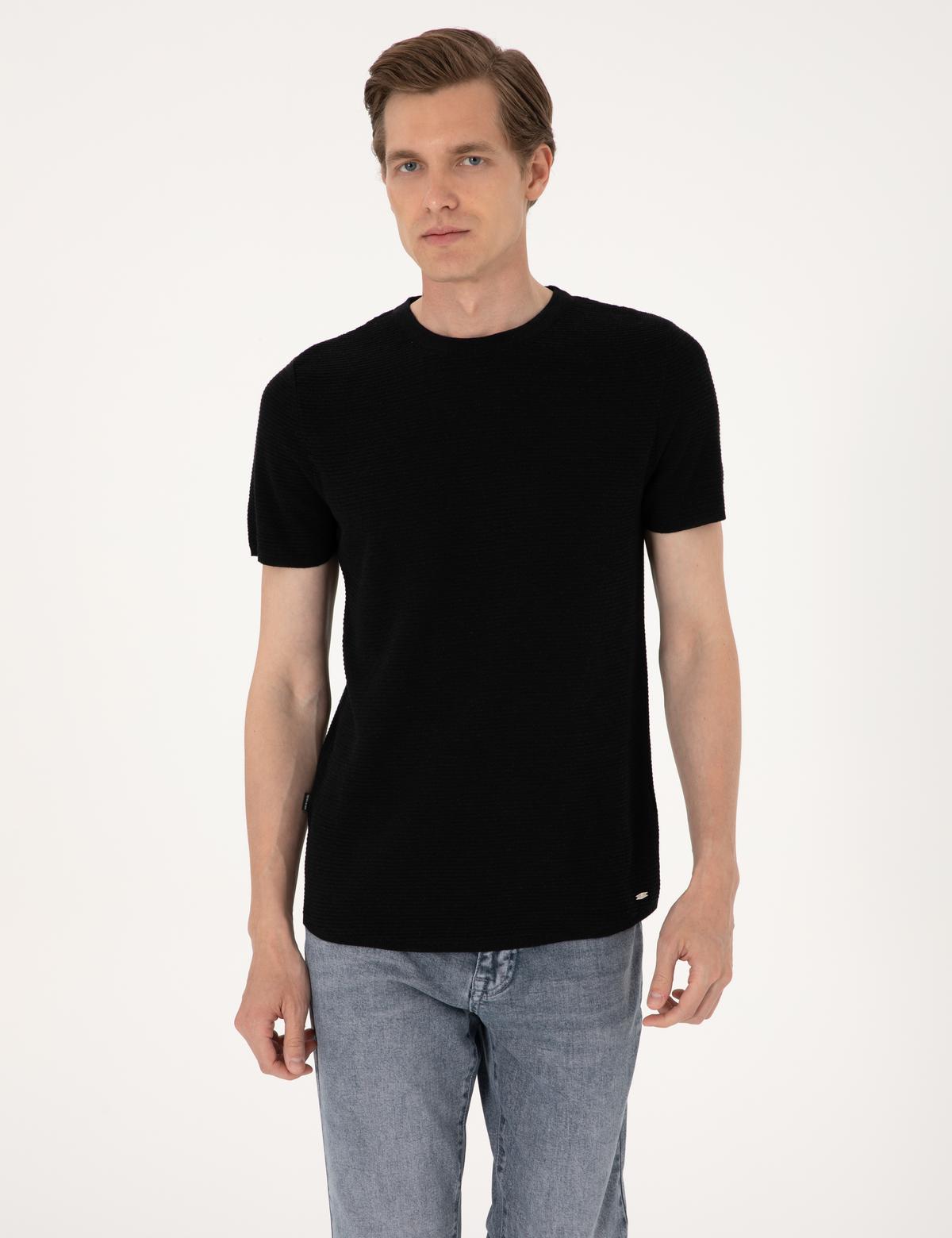 Siyah Slim Fit Keten Karışımlı Bisiklet Yaka Triko Tişört