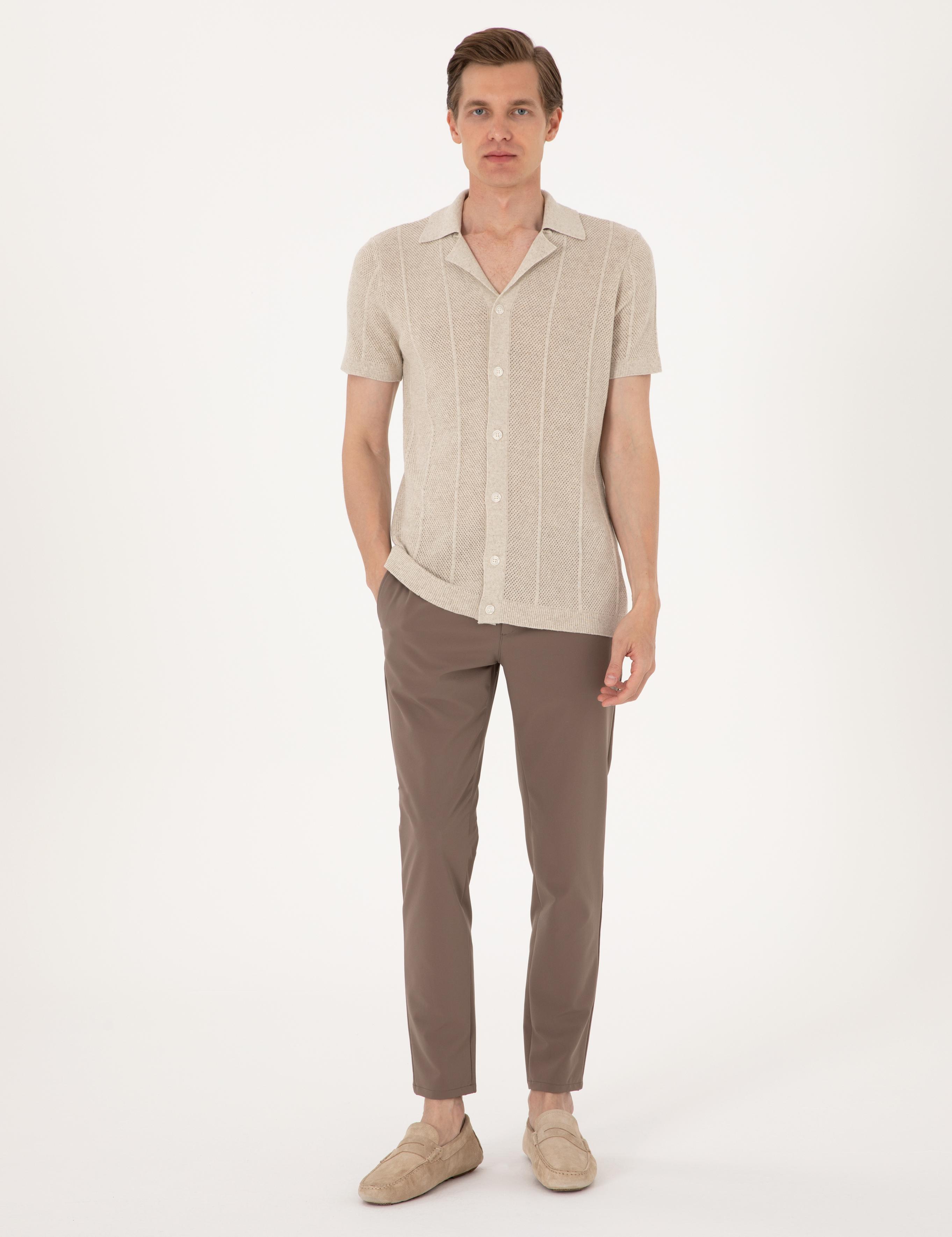 Bej Slim Fit  Kısa Kollu Düğmeli Triko Hırka