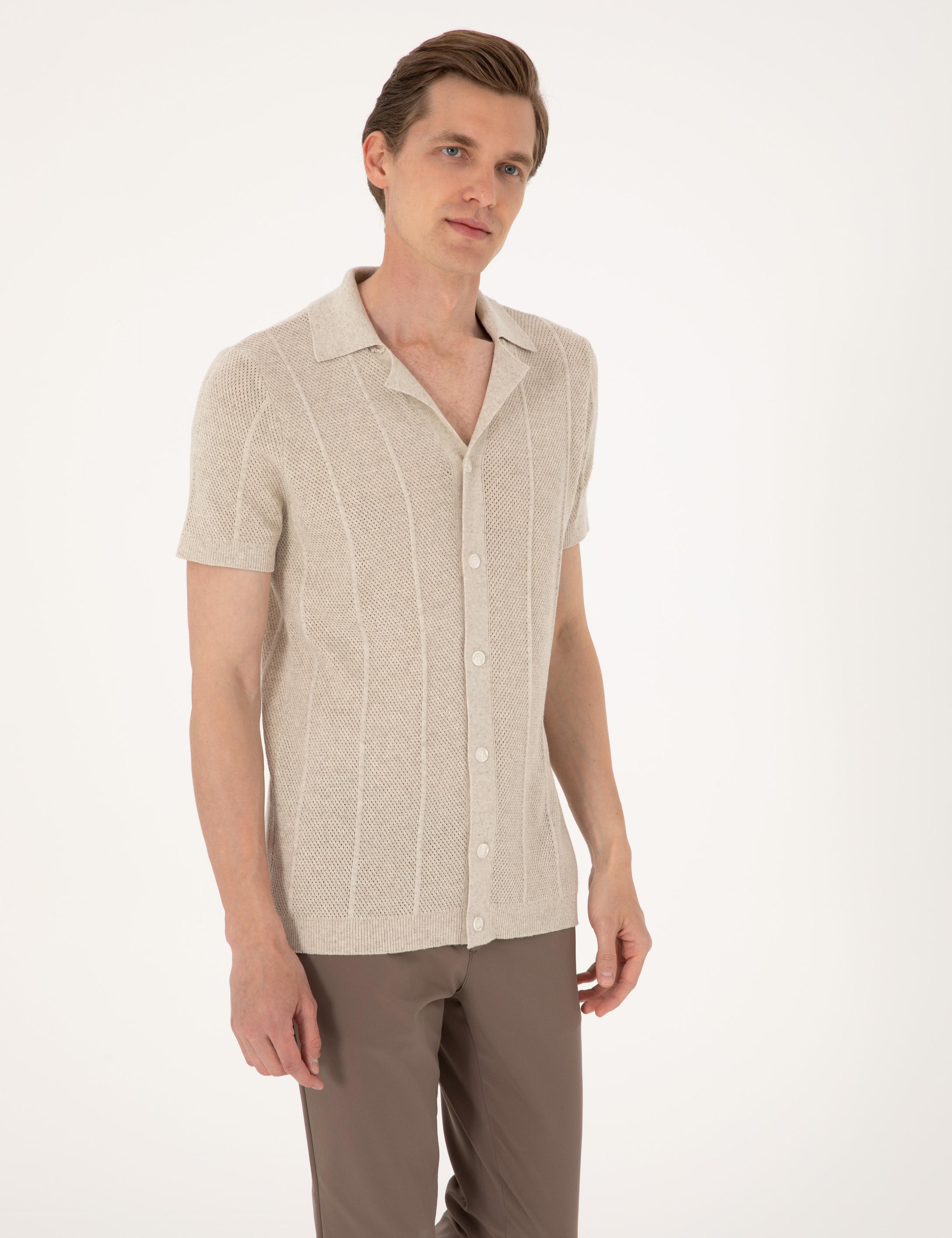 Bej Slim Fit  Kısa Kollu Düğmeli Triko Hırka