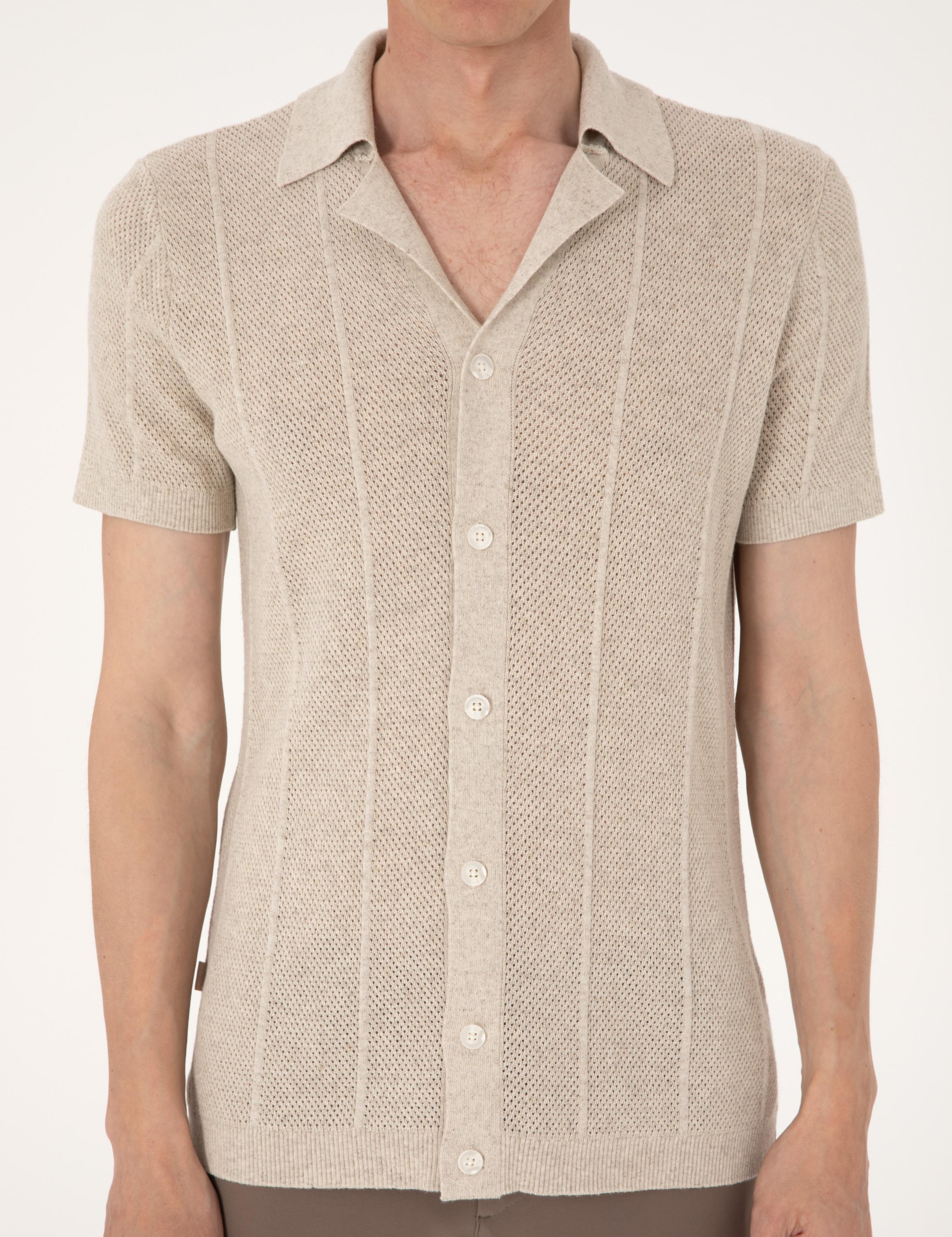 Bej Slim Fit  Kısa Kollu Düğmeli Triko Hırka
