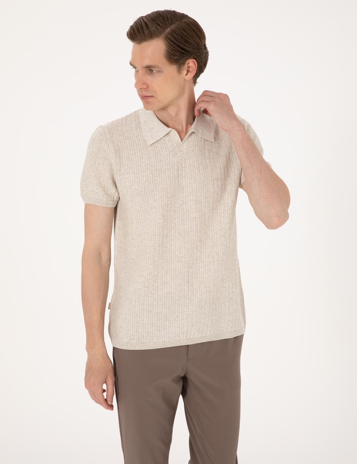 Bej Slim Fit Keten Karışımlı Polo Yaka Triko Tişört