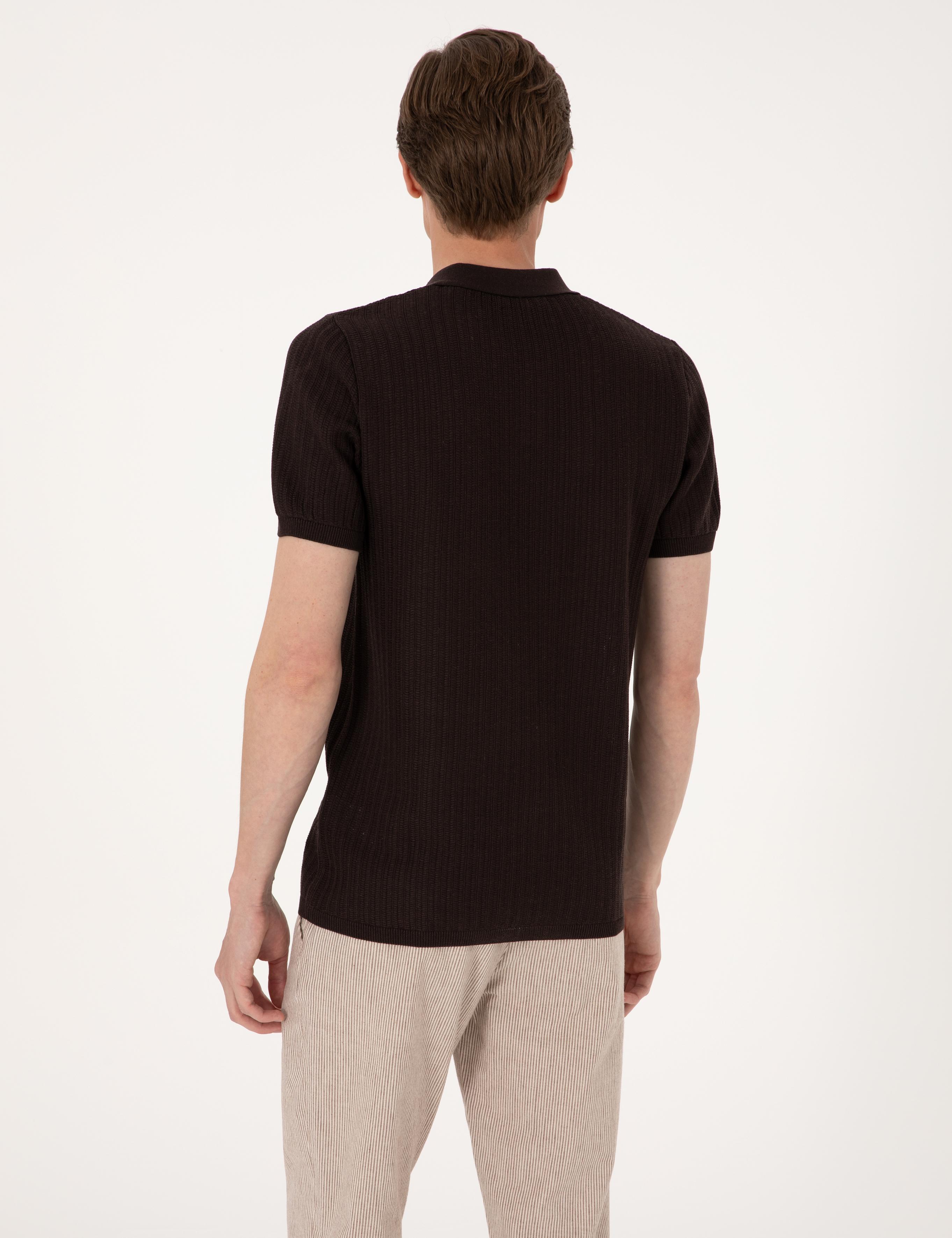 Kahverengi Slim Fit Keten Karışımlı Polo Yaka Triko Tişört