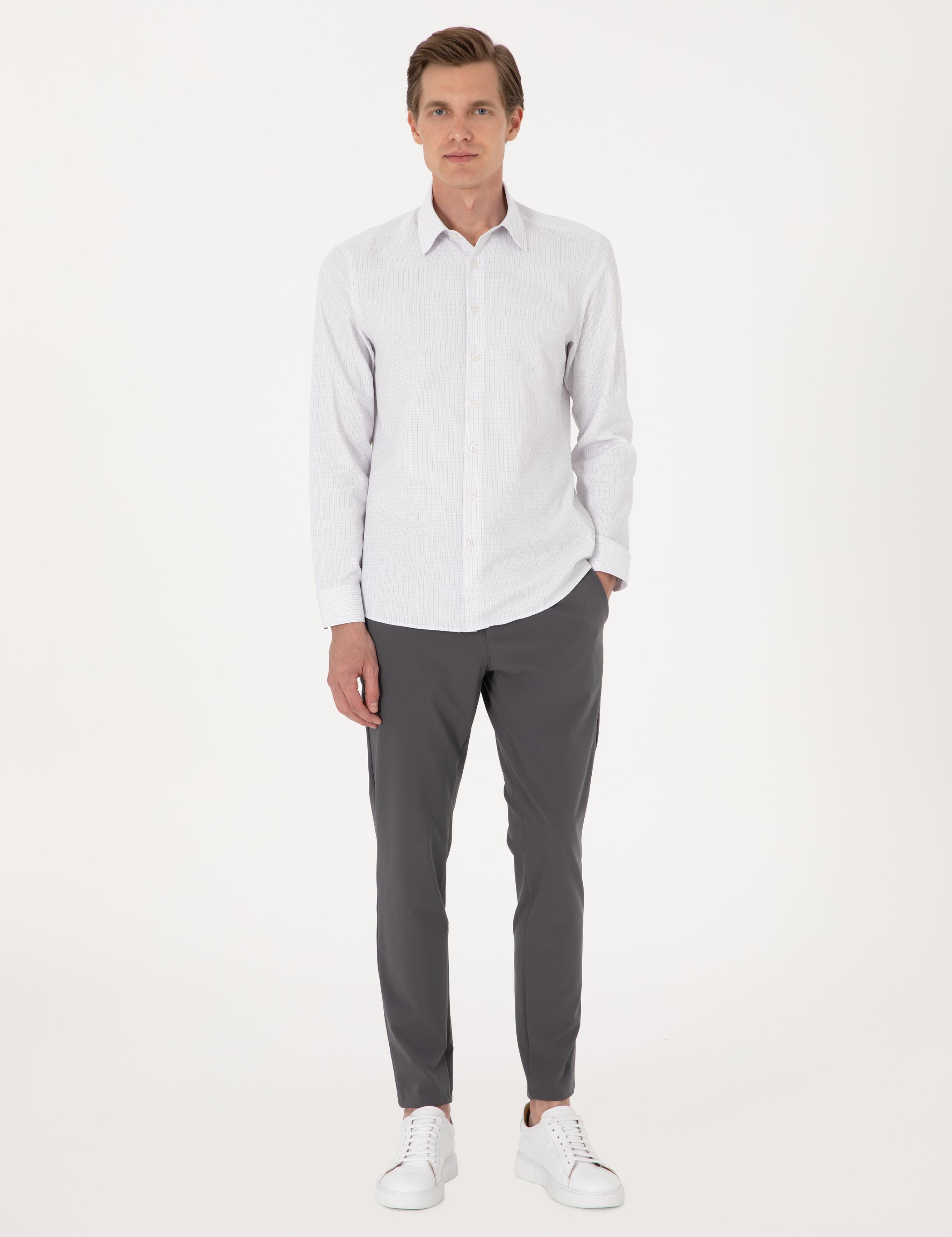 Gri Kareli Slim Fit Uzun Kollu Gömlek