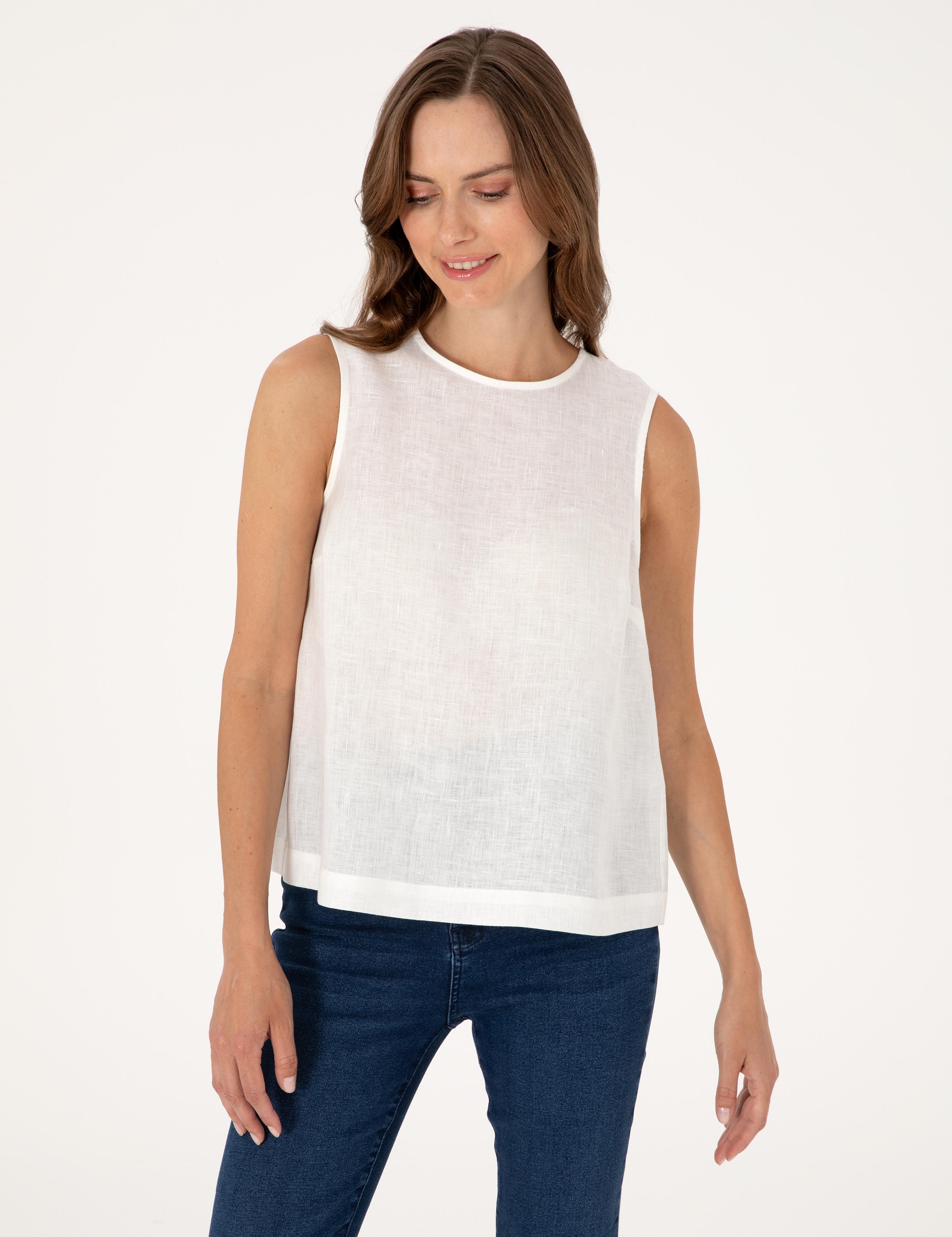 Beyaz Regular Fit Keten Bluz