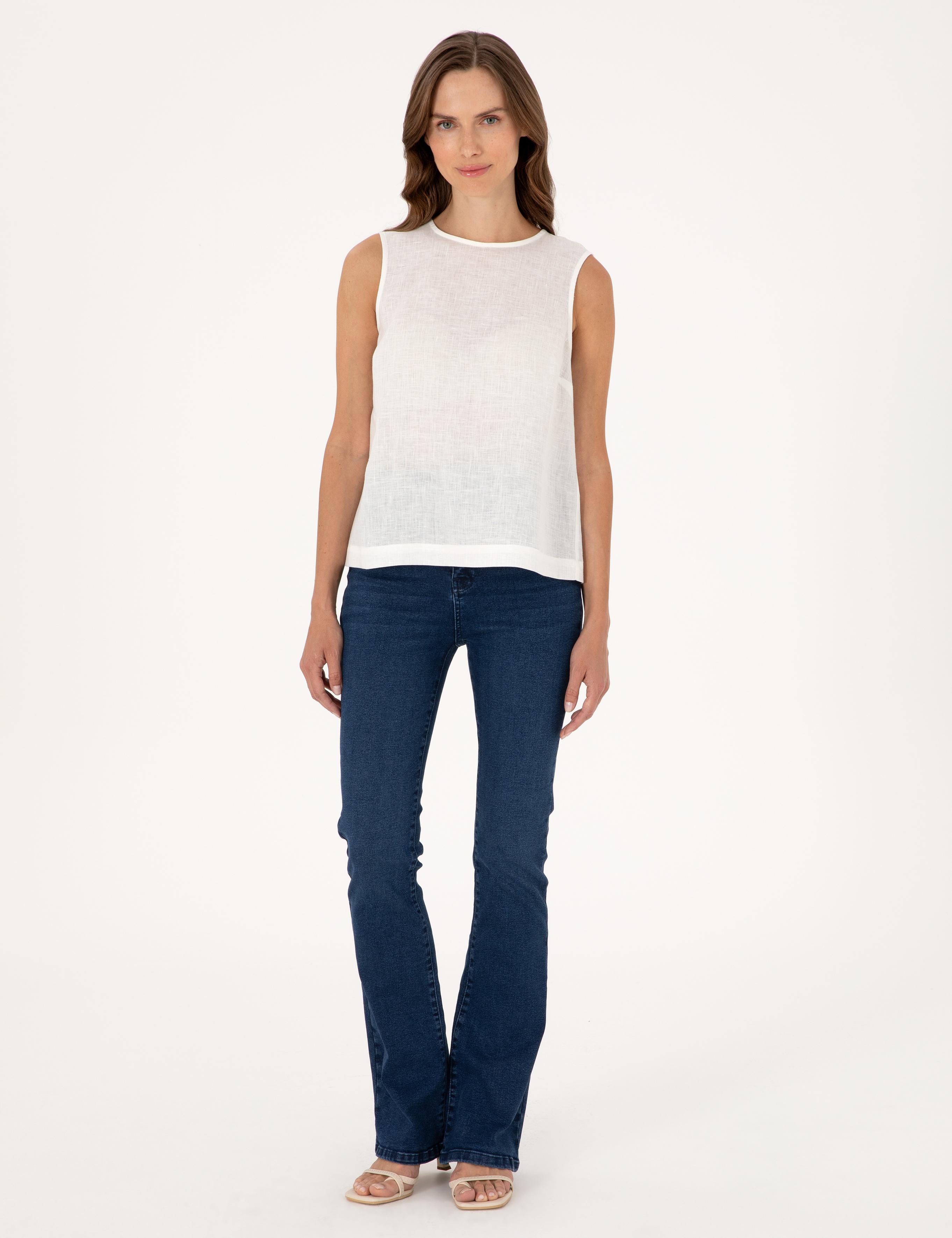 Beyaz Regular Fit Keten Bluz