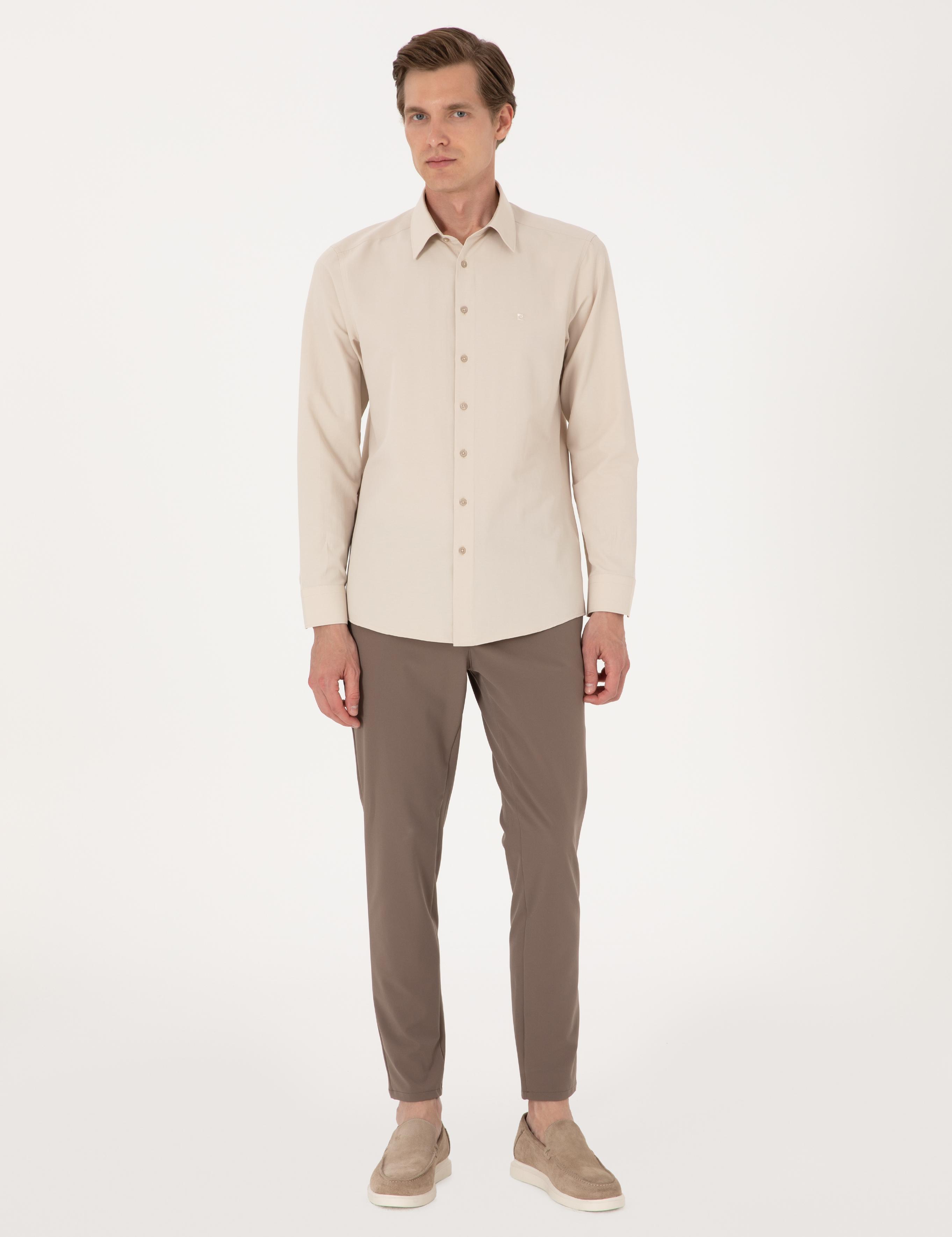 Bej Slim Fit Uzun Kollu Basic Gömlek