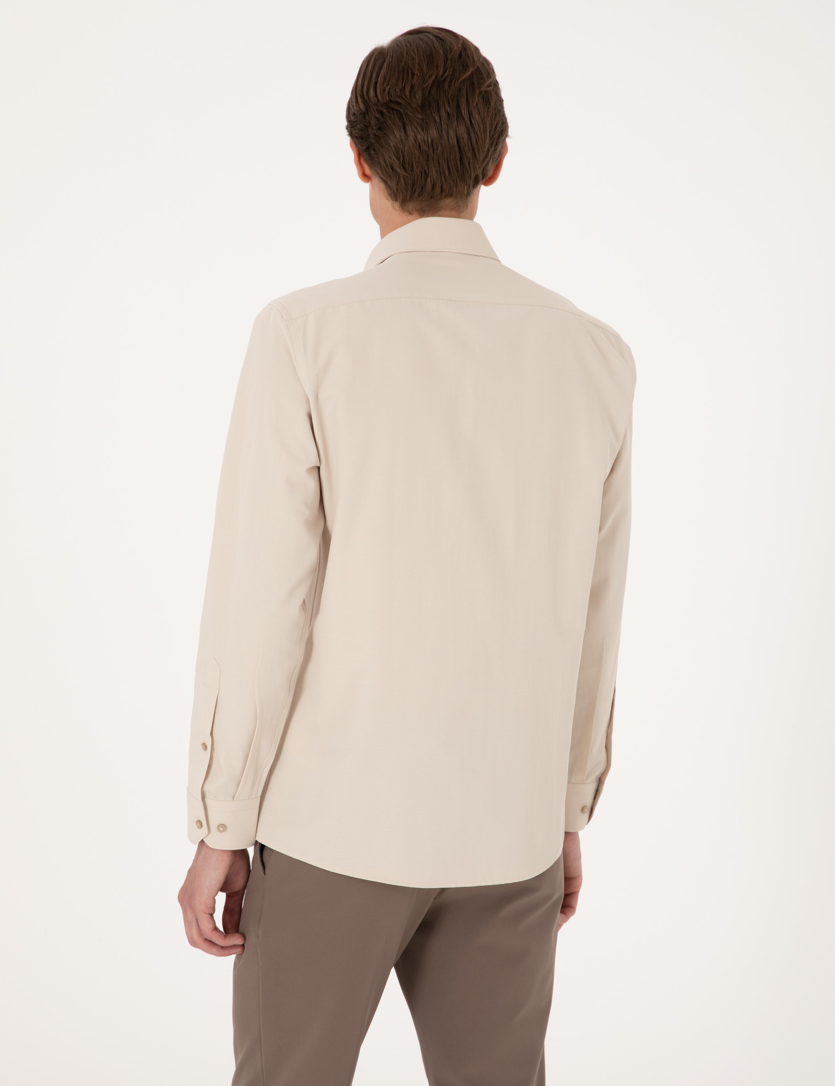 Bej Slim Fit Uzun Kollu Basic Gömlek