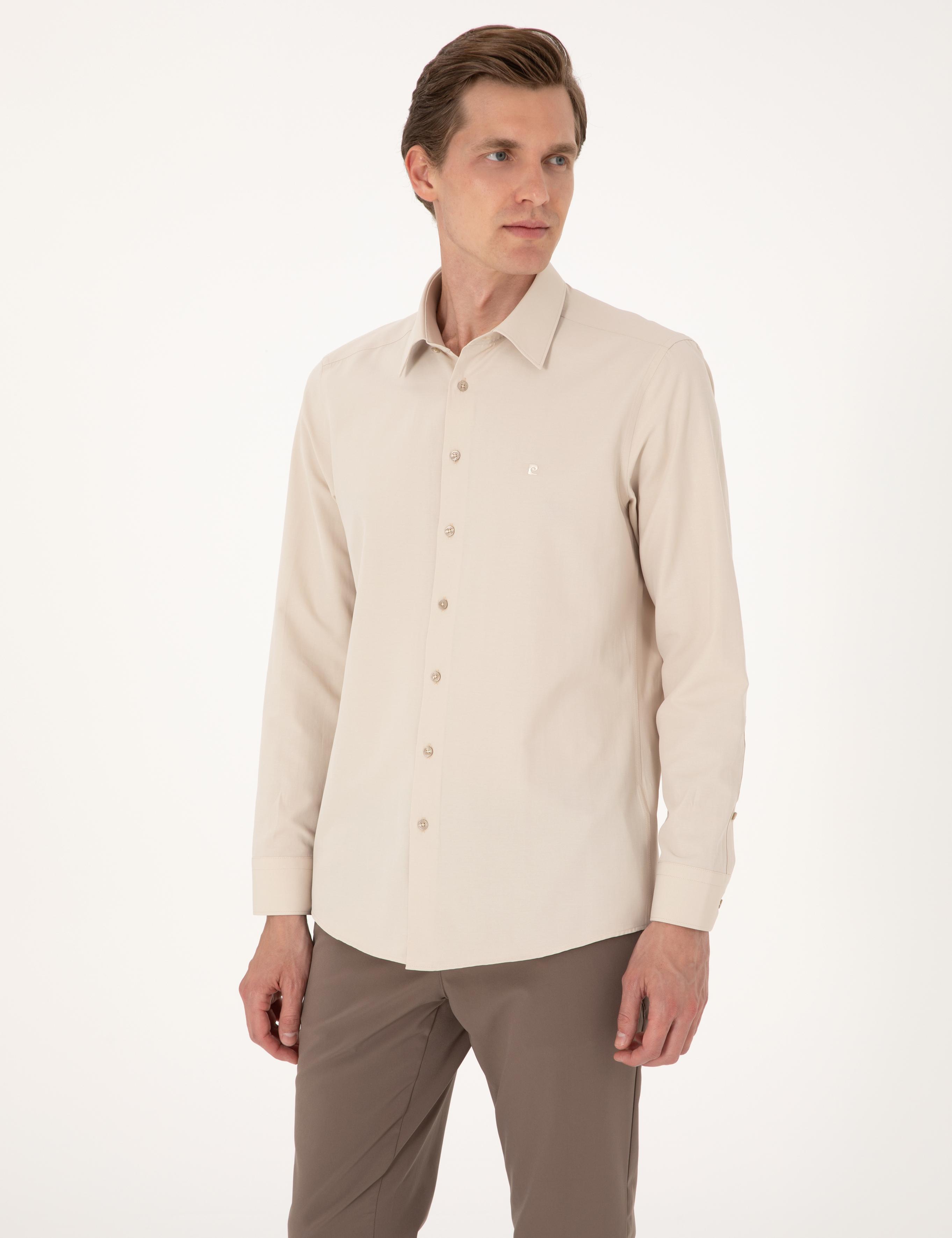 Bej Slim Fit Uzun Kollu Basic Gömlek
