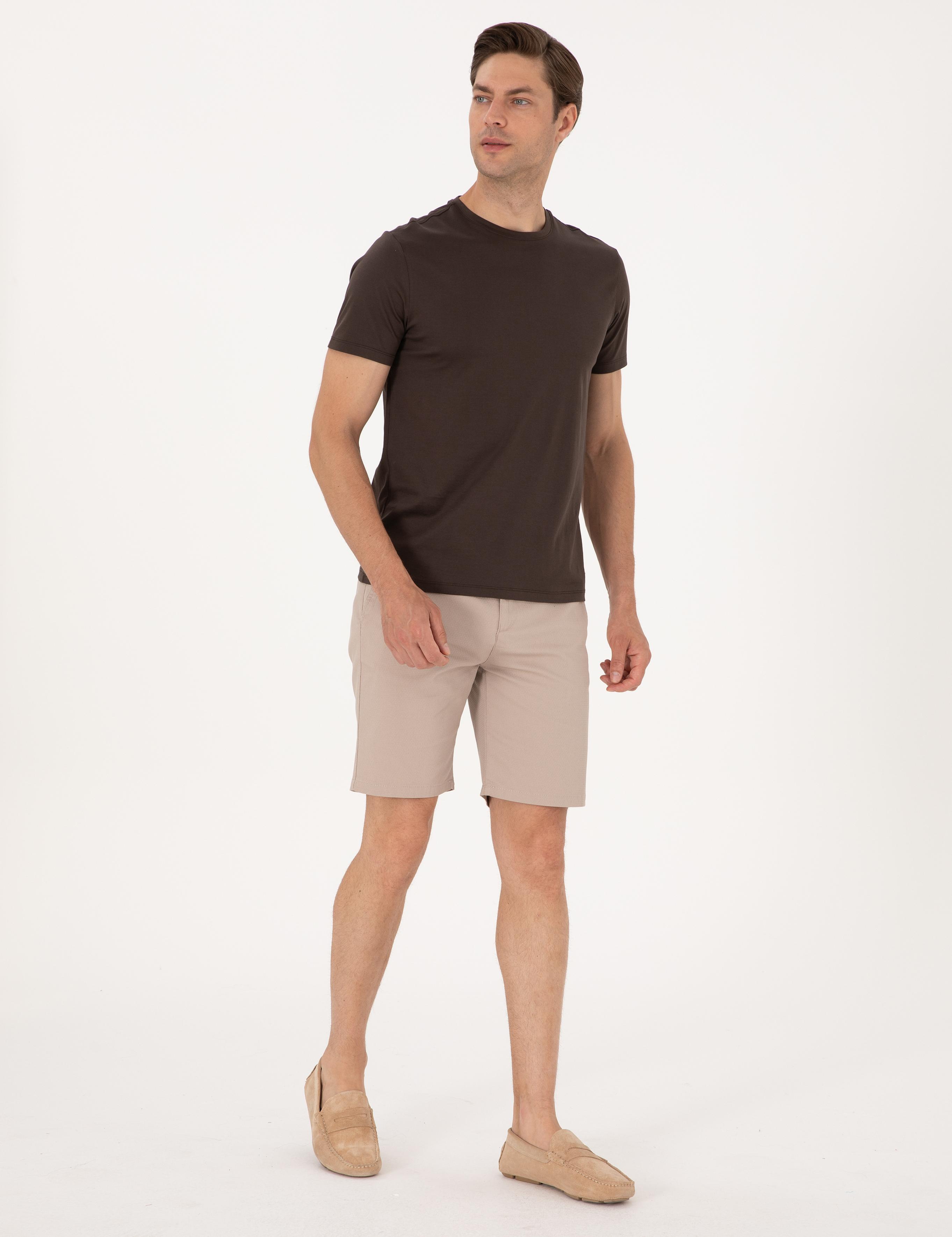 Bej Slim Fit Dokuma Şort