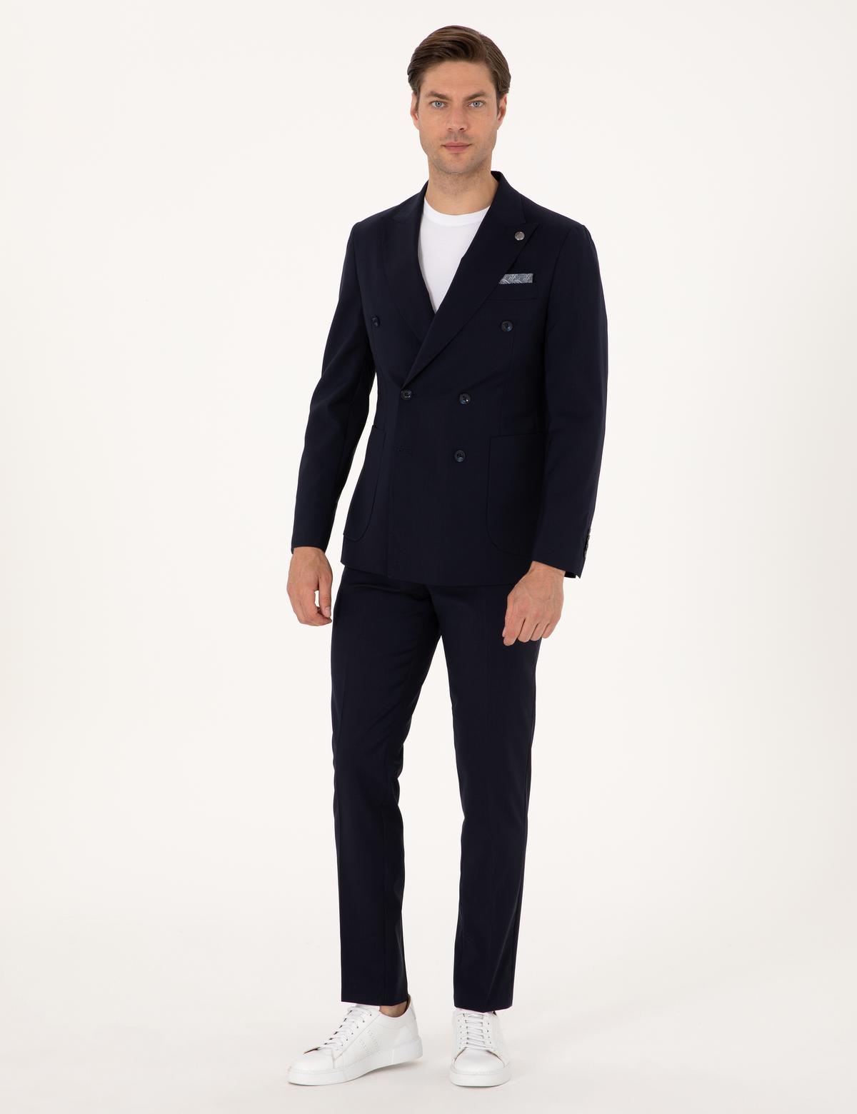 Lacivert Ex. Slim Fit %100 Yün Kruvaze Takım Elbise