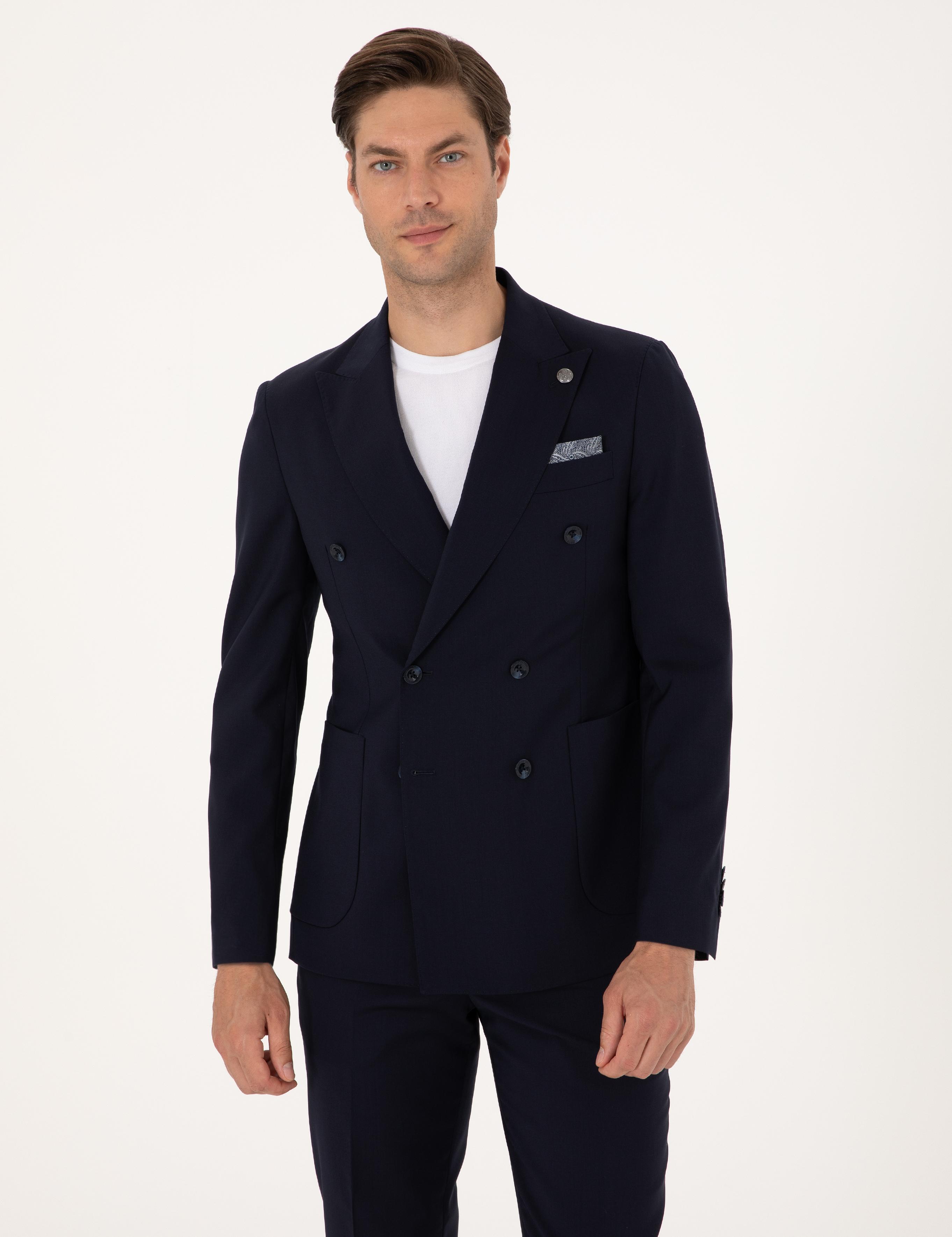 Lacivert Ex. Slim Fit %100 Yün Kruvaze Takım Elbise
