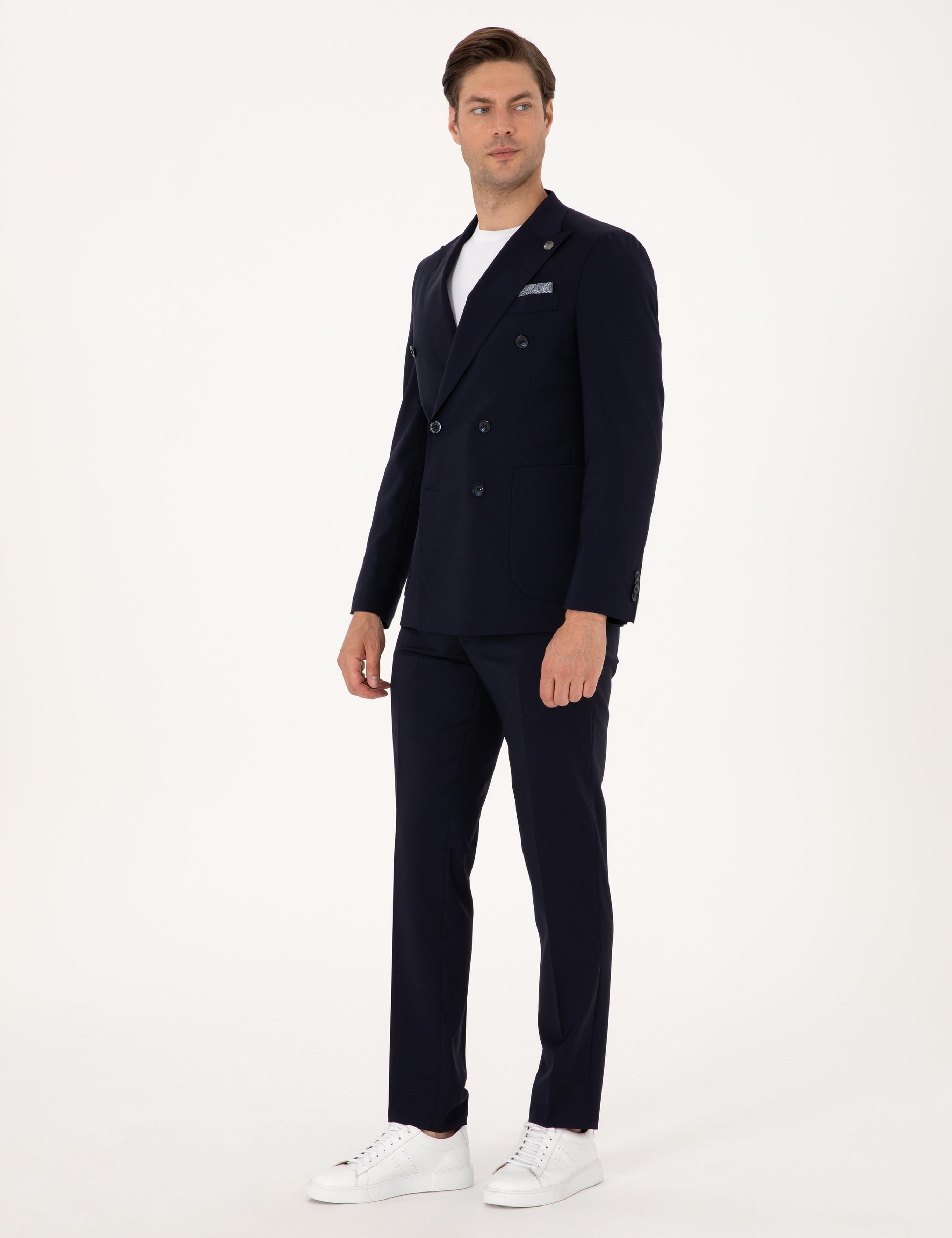 Lacivert Ex. Slim Fit %100 Yün Kruvaze Takım Elbise