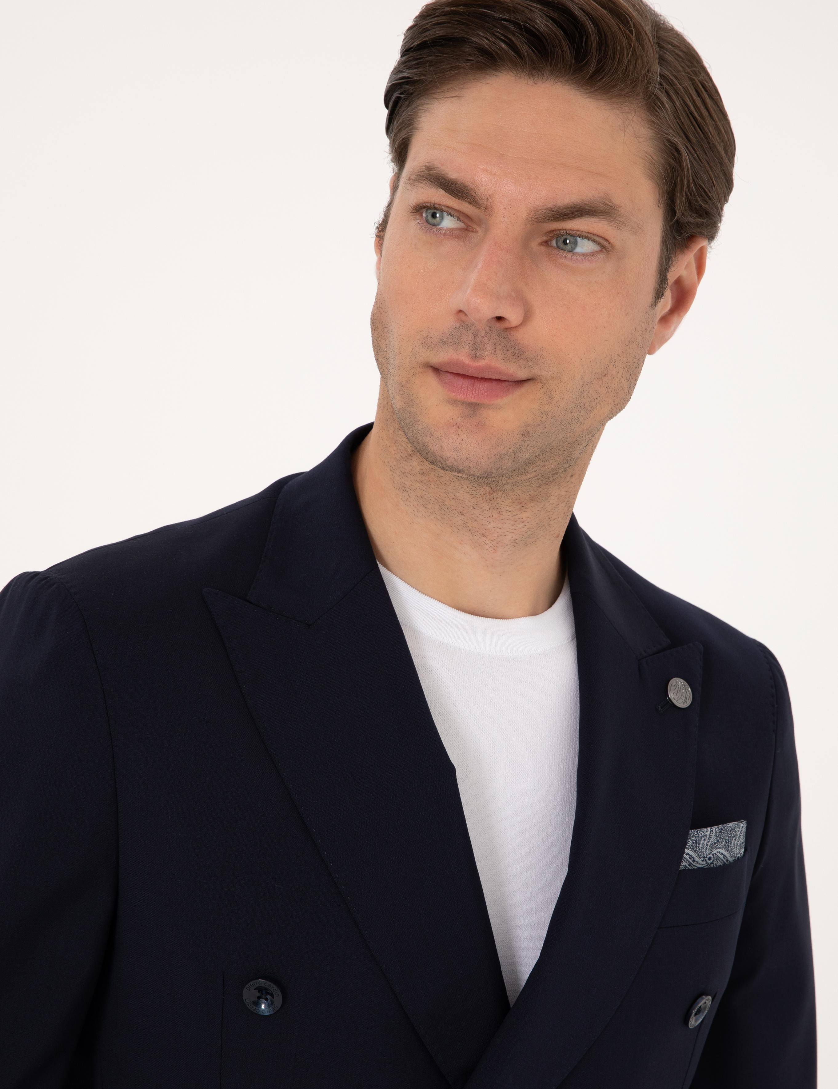 Lacivert Ex. Slim Fit %100 Yün Kruvaze Takım Elbise