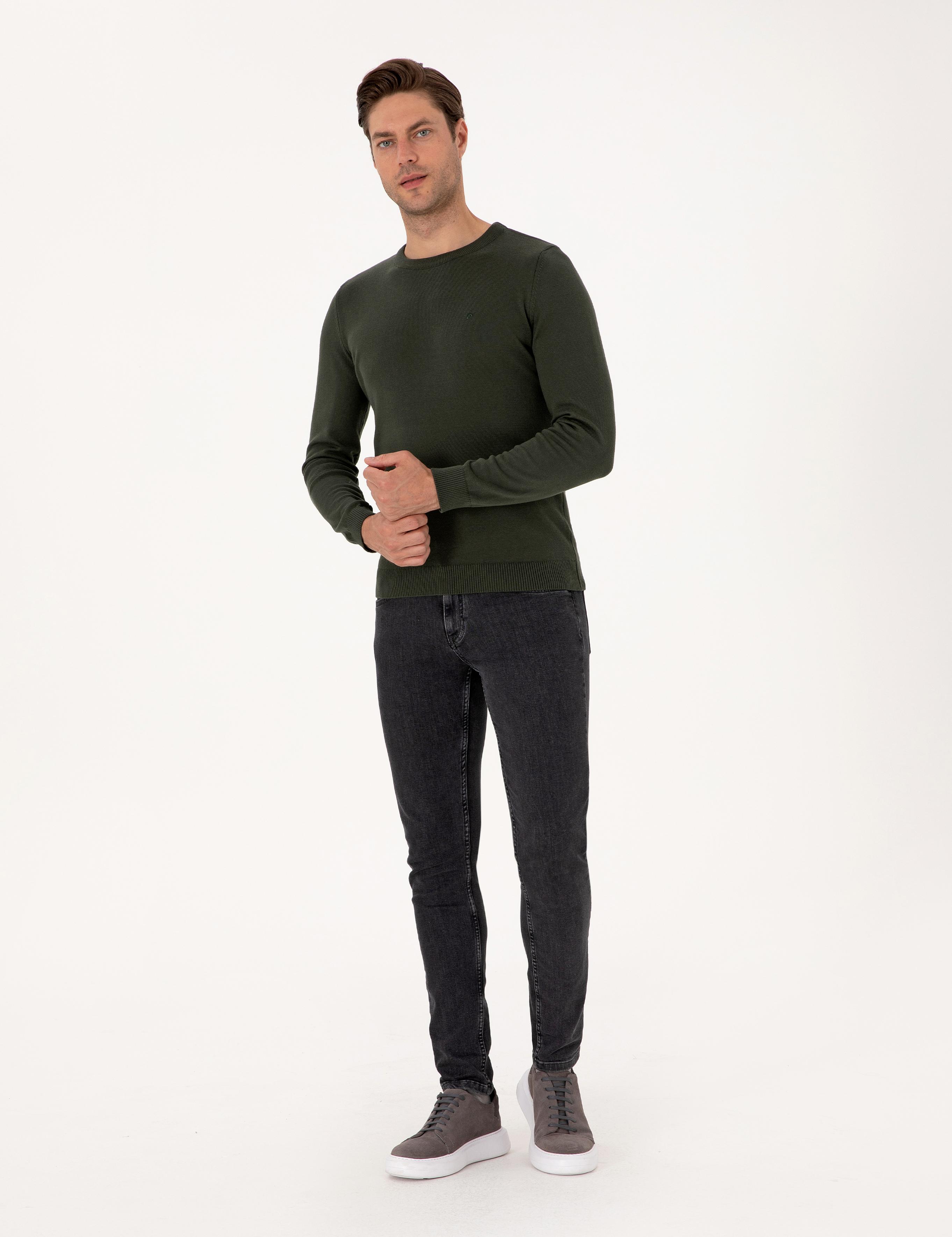 Koyu Haki Slim Fit Basic Kazak