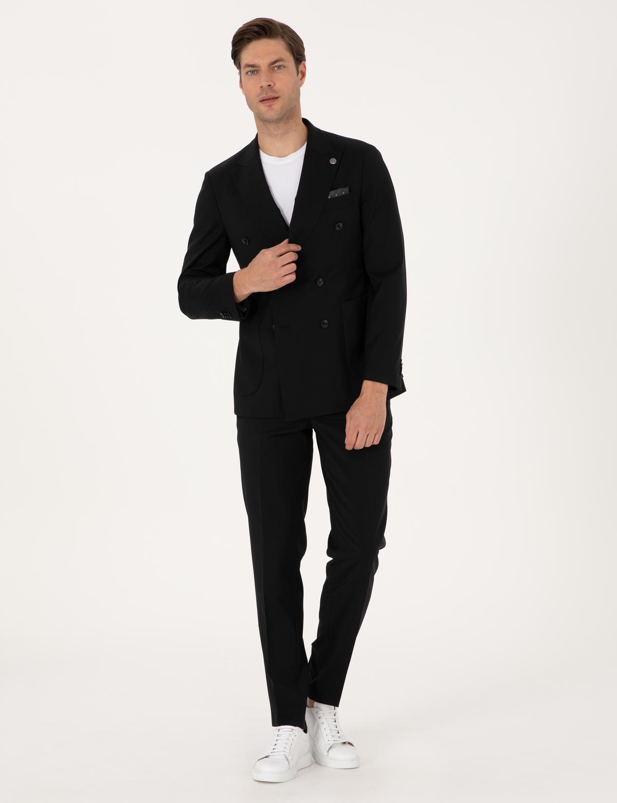 Siyah Ex. Slim Fit %100 Yün Kruvaze Takım Elbise