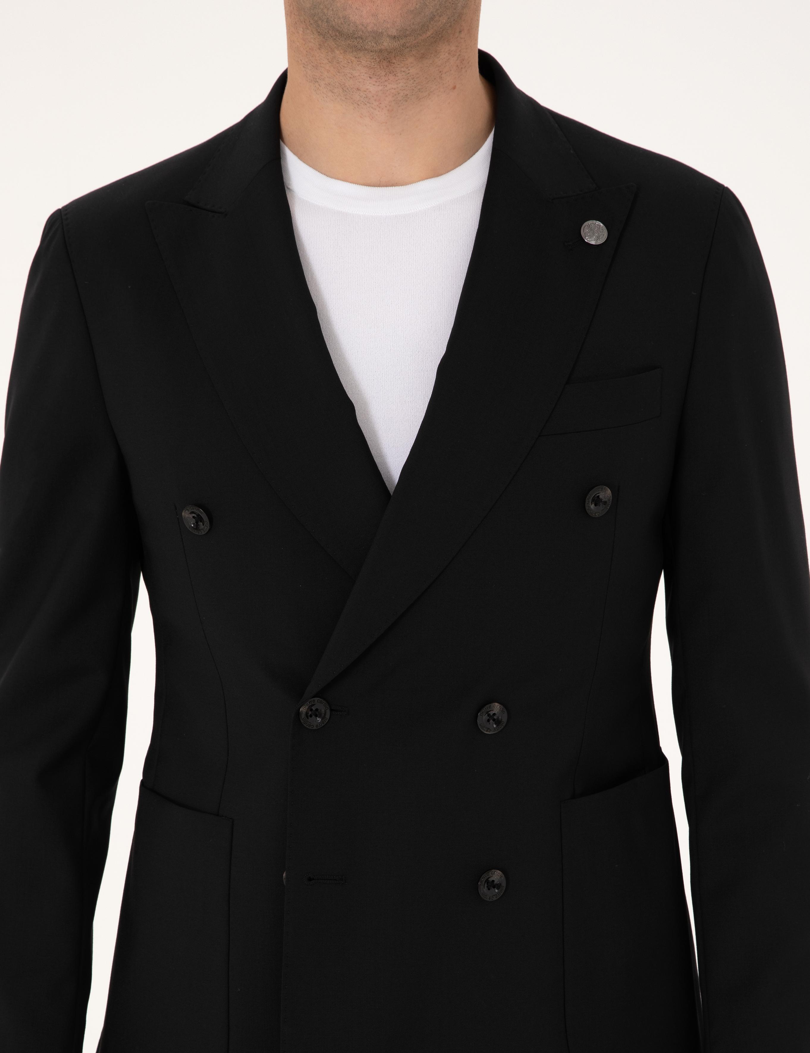 Siyah Ex. Slim Fit %100 Yün Kruvaze Takım Elbise
