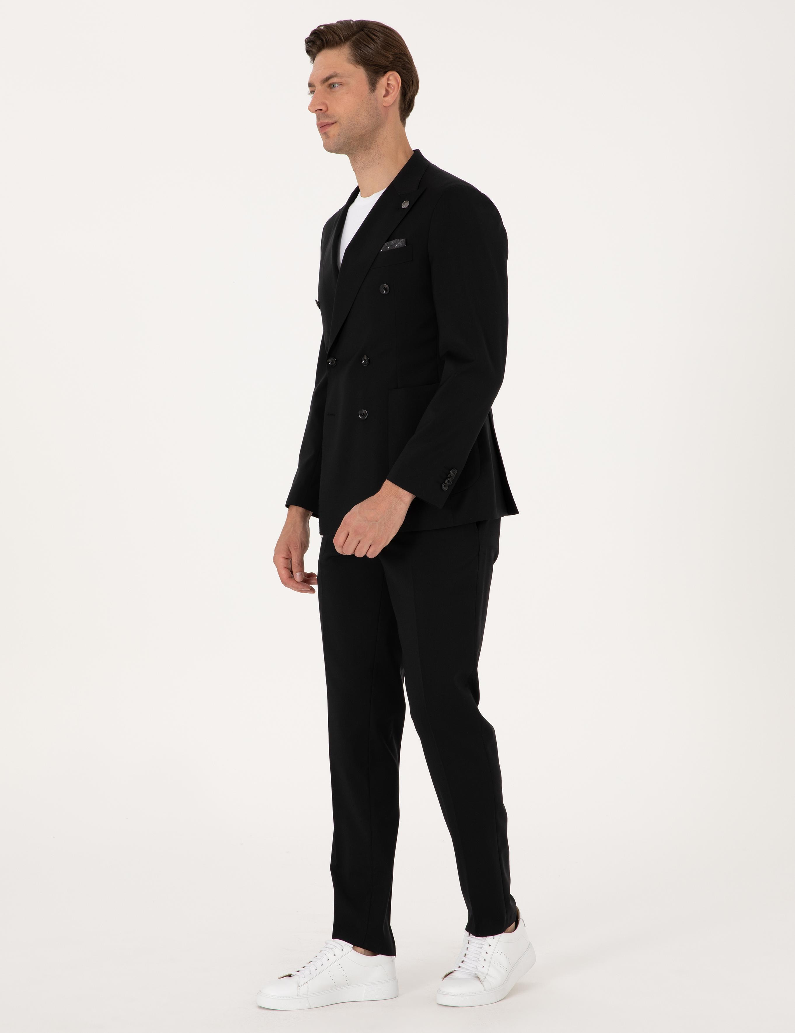 Siyah Ex. Slim Fit %100 Yün Kruvaze Takım Elbise