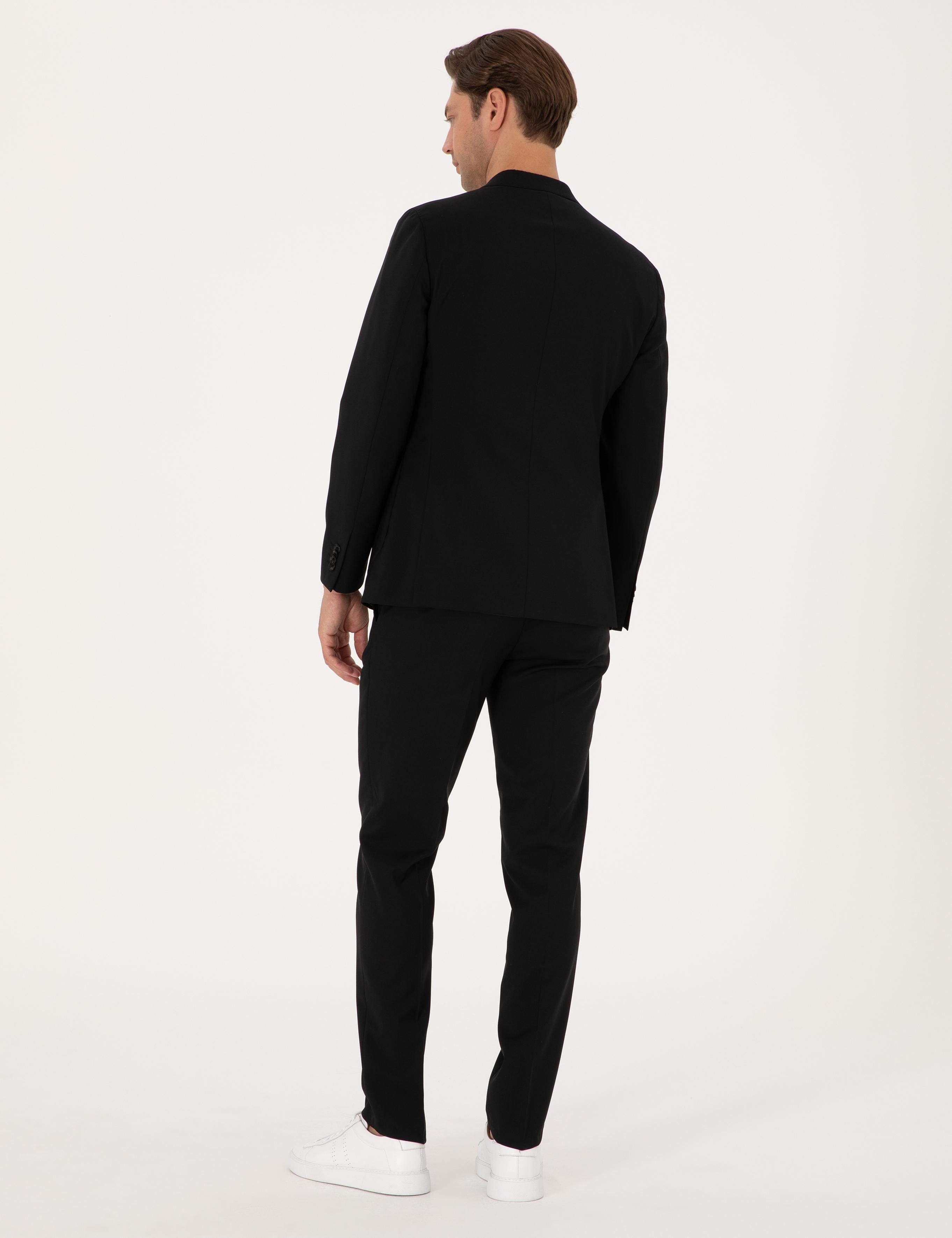 Siyah Ex. Slim Fit %100 Yün Kruvaze Takım Elbise